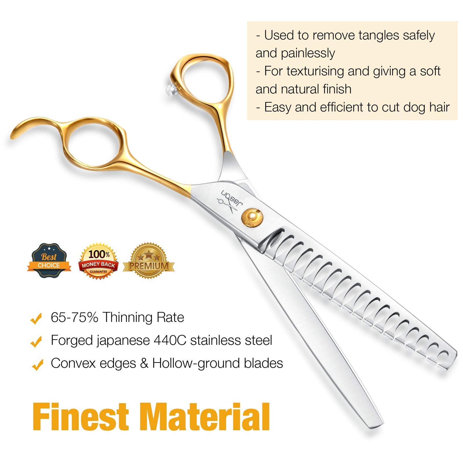Jason 7.5' 18-Teeth Chunkers Shears For Dogs Cats Grooming Texturizing Blending Thinning Scissor Pets Trimming Kit Sharp Gold Shear For Right Handed Groomers