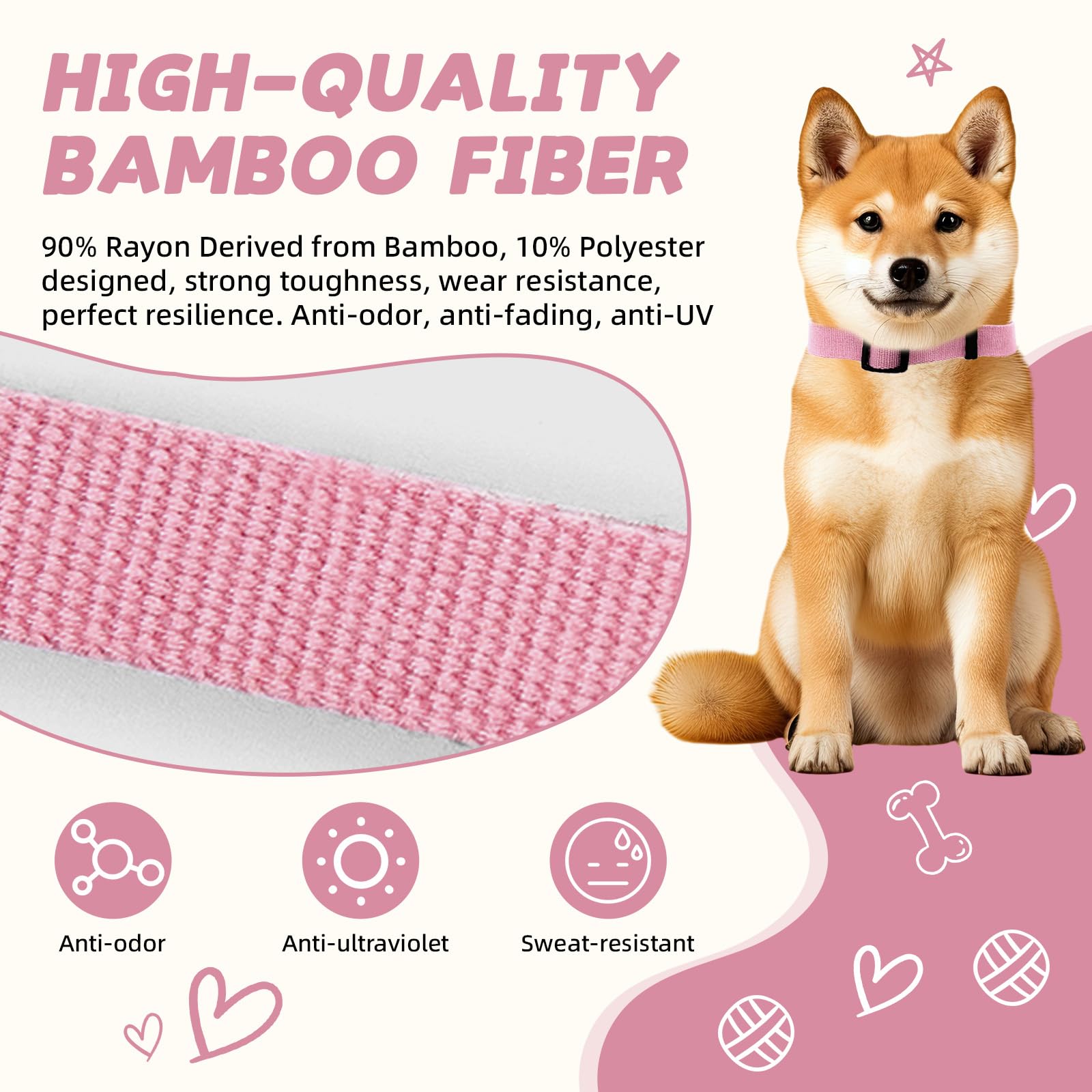 Pink Dog Collar And Leash Set For Small Dogs, Breathable, Anti-Odor & Soft, Comfortable For Sensitive Skin Puppies, 90% Bamboo R