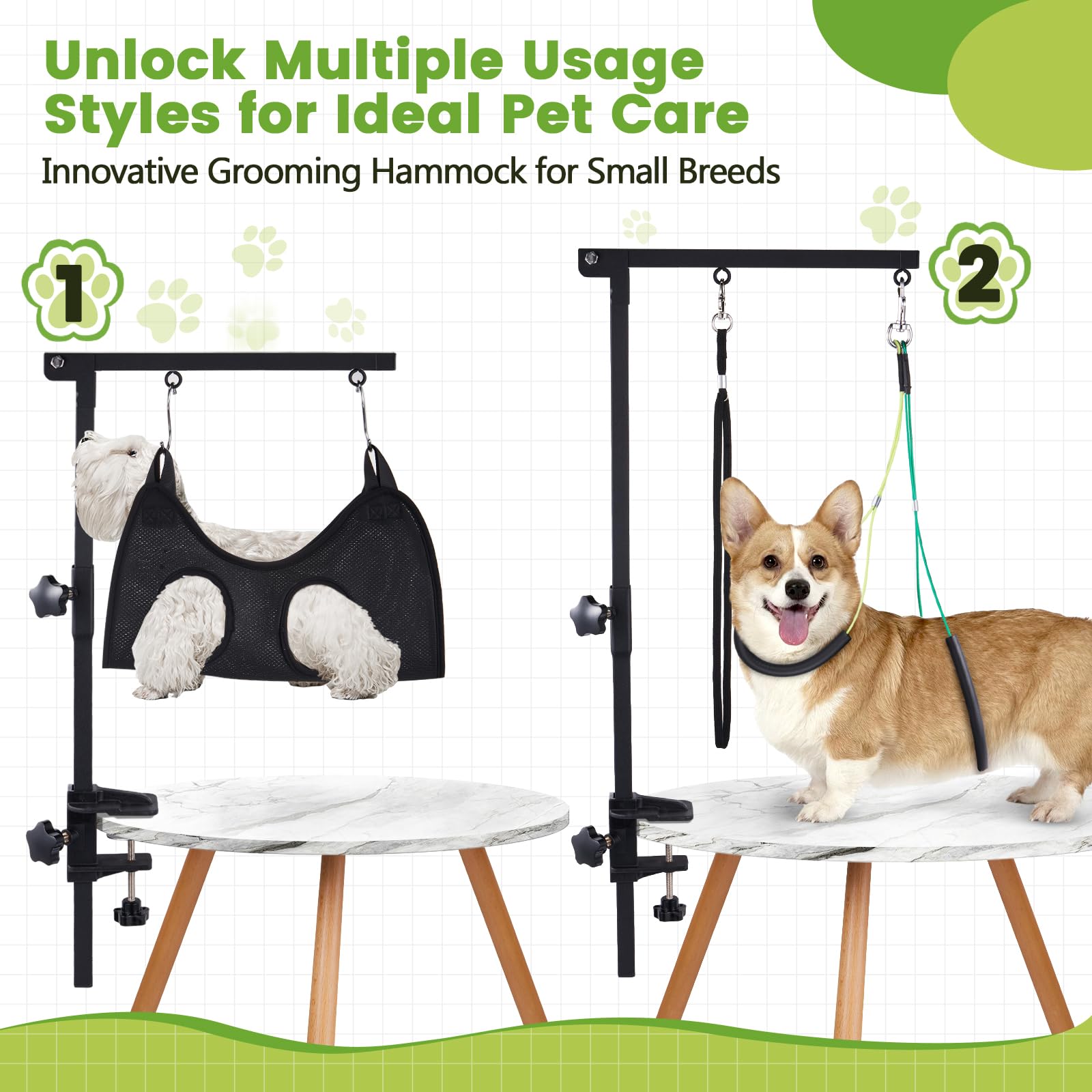 SUNMCCN Dog Grooming Table Arm with Hammock, 35 '' Adjustable Height Grooming Arm with Clamp and No-Sit Haunch Holders, Suitable