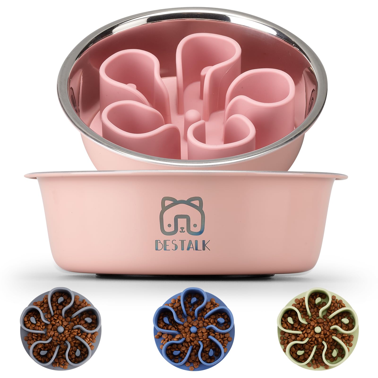 Stainless Steel Slow Feeder Dog Bowl, Bestalk 2-in-1 Metal Dog Bowls with Silicone Slow Feeder Insert for Small, Medium, Large D