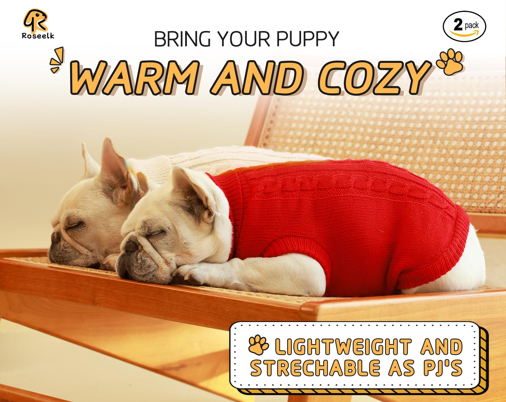 Roseelk 2 Pack Dog Sweaters For Small Dogs - Puppy Medium Warm Clothes In Winter, Turtleneck Pullover Design For Boy Girl Pet, Doggie, Cat, Kitten Chihuahua Bulldog Pug Beagles (S, Red, Beige)