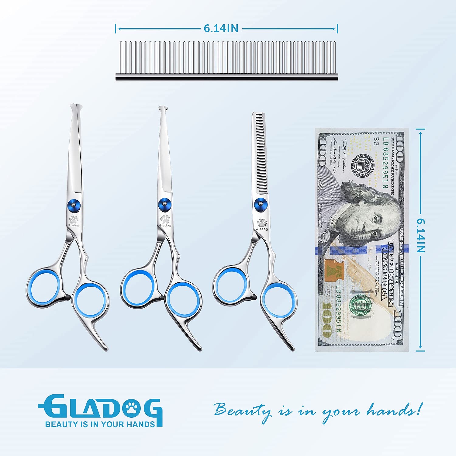 Gladog Professional 5 In 1 Dog Grooming Scissors Set With Safety Round Tips, Sharp And Durable Pet Grooming Shears For Cats
