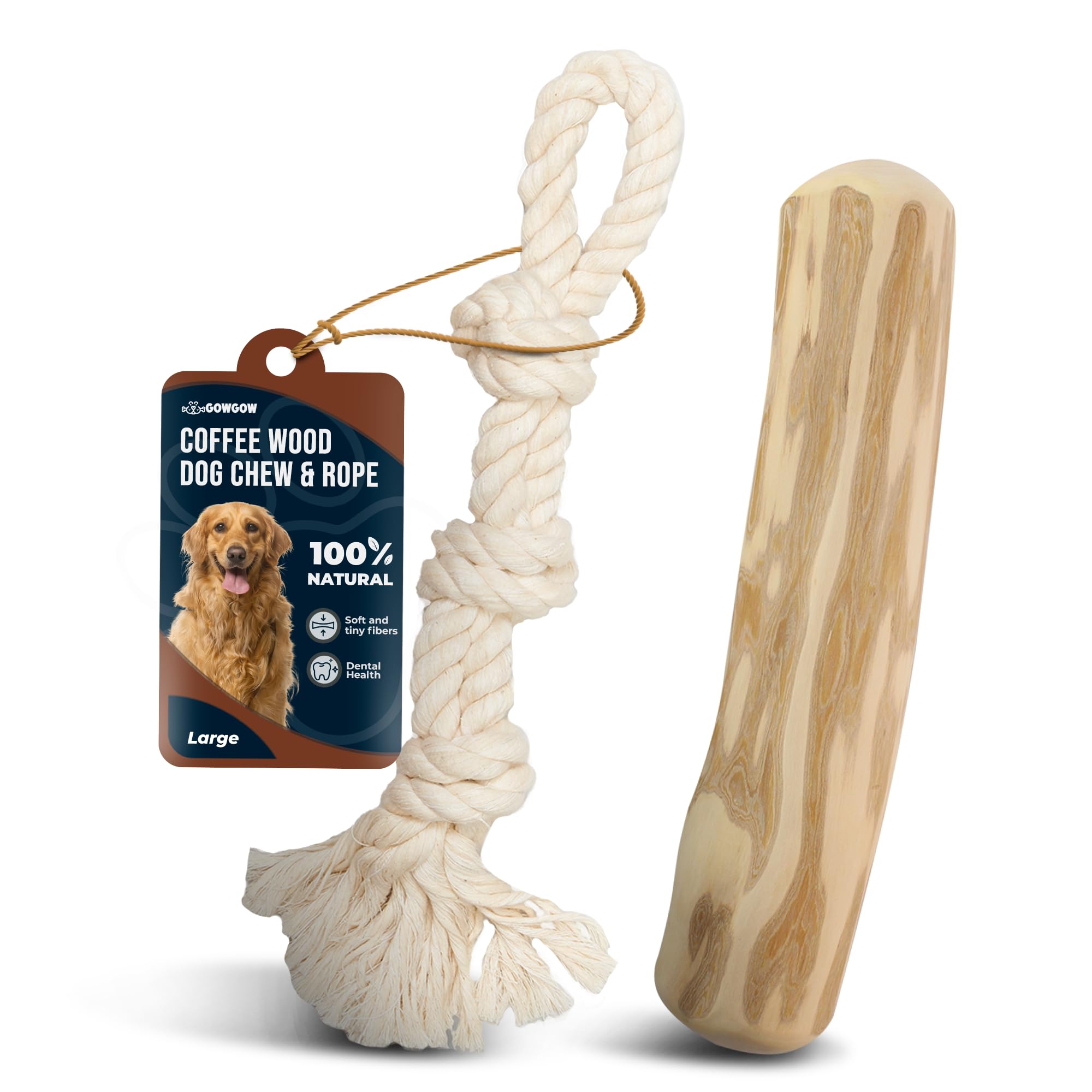 Gowgow Combo Real Coffee Dog Wood Chew Large 9.7' & 100% Natural Rope Toys For Dogs - Organic Wood Stick For Dog - Large Toys F