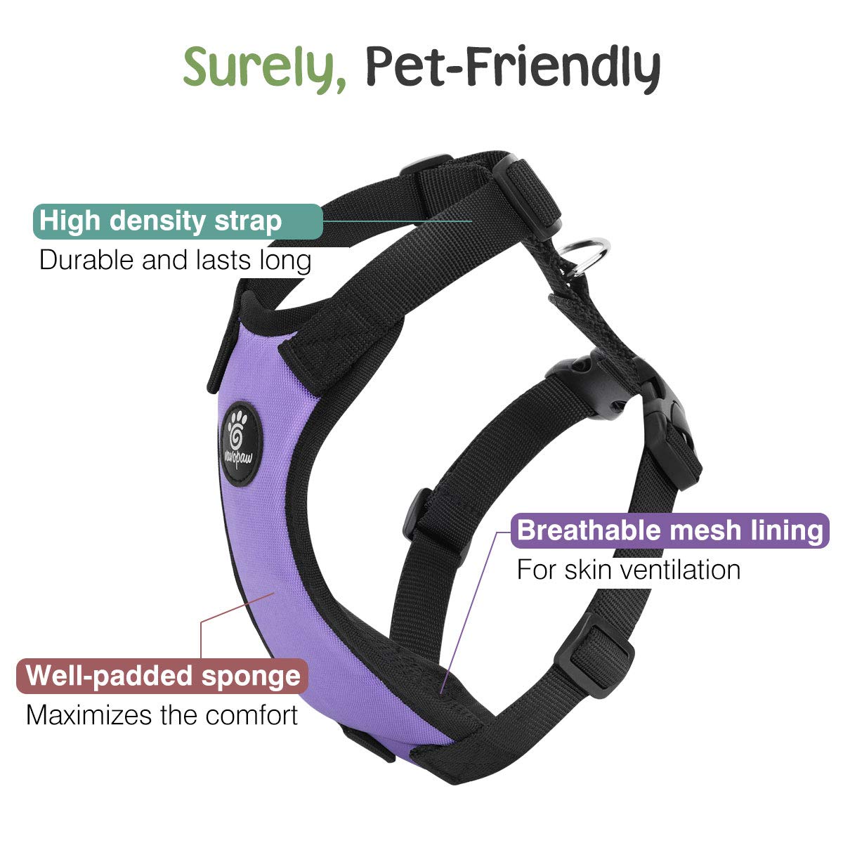 VavoPaw Dog Vehicle Safety Vest Harness, Adjustable Mesh, Large, Purple, Includes Travel Strap and Carabiner for Most Cars