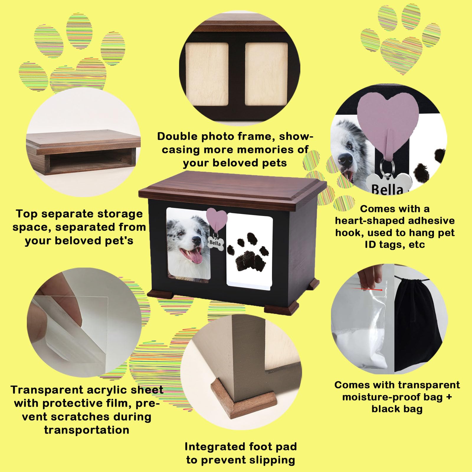 Pet Urns For Dogs Ashes, Cat Urns For Ashes, Wooden Dog Urn, Pet Memory Box For Keepsakes Large With Paw Print Kit, Album