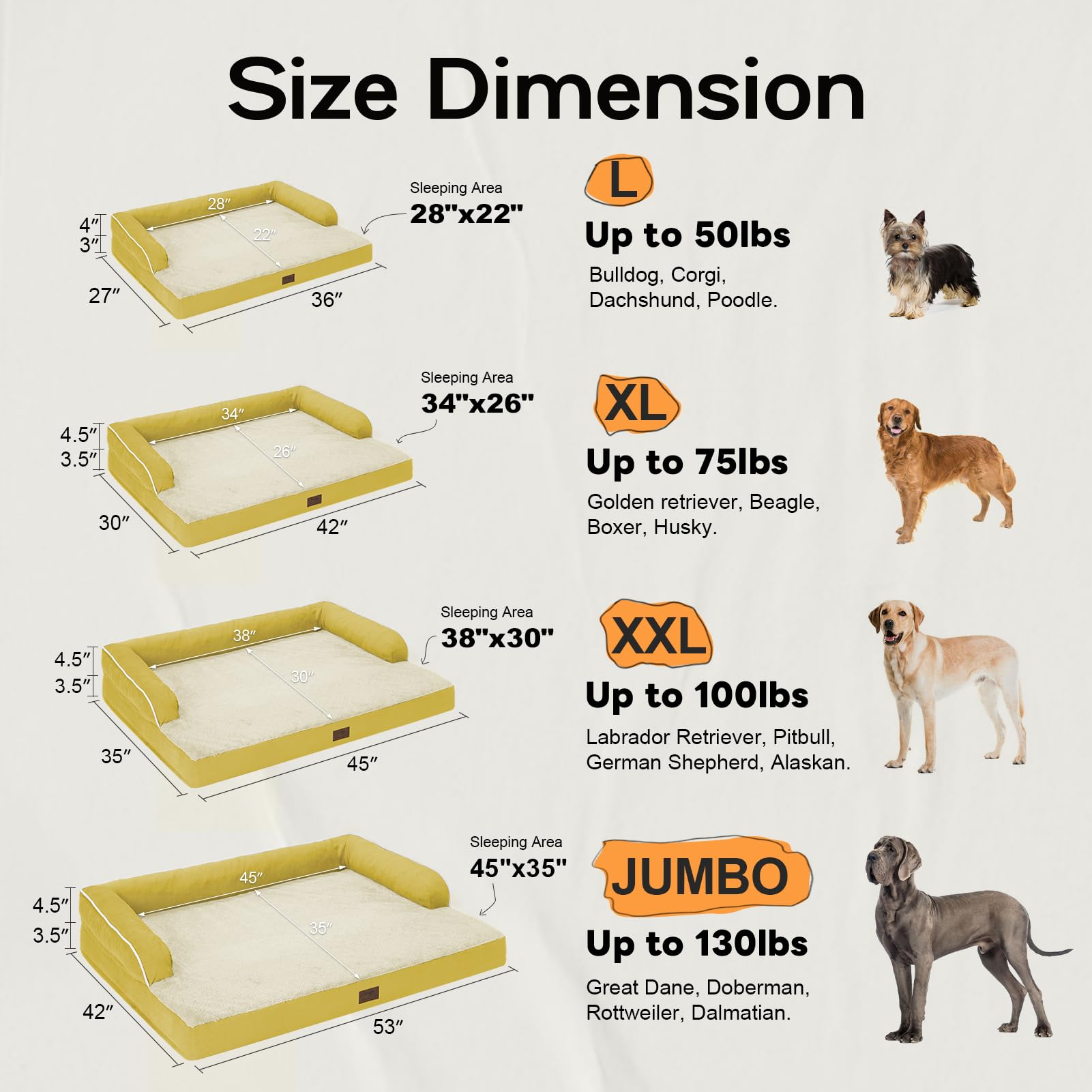 Large Dog Bed Orthopedic Washable | Beds Bolster Pet - Xxl Large Big Dogs - Memory Foam - Couch Sofa - Waterproof With Removable Cover - Ginger Yellow Dog Bed