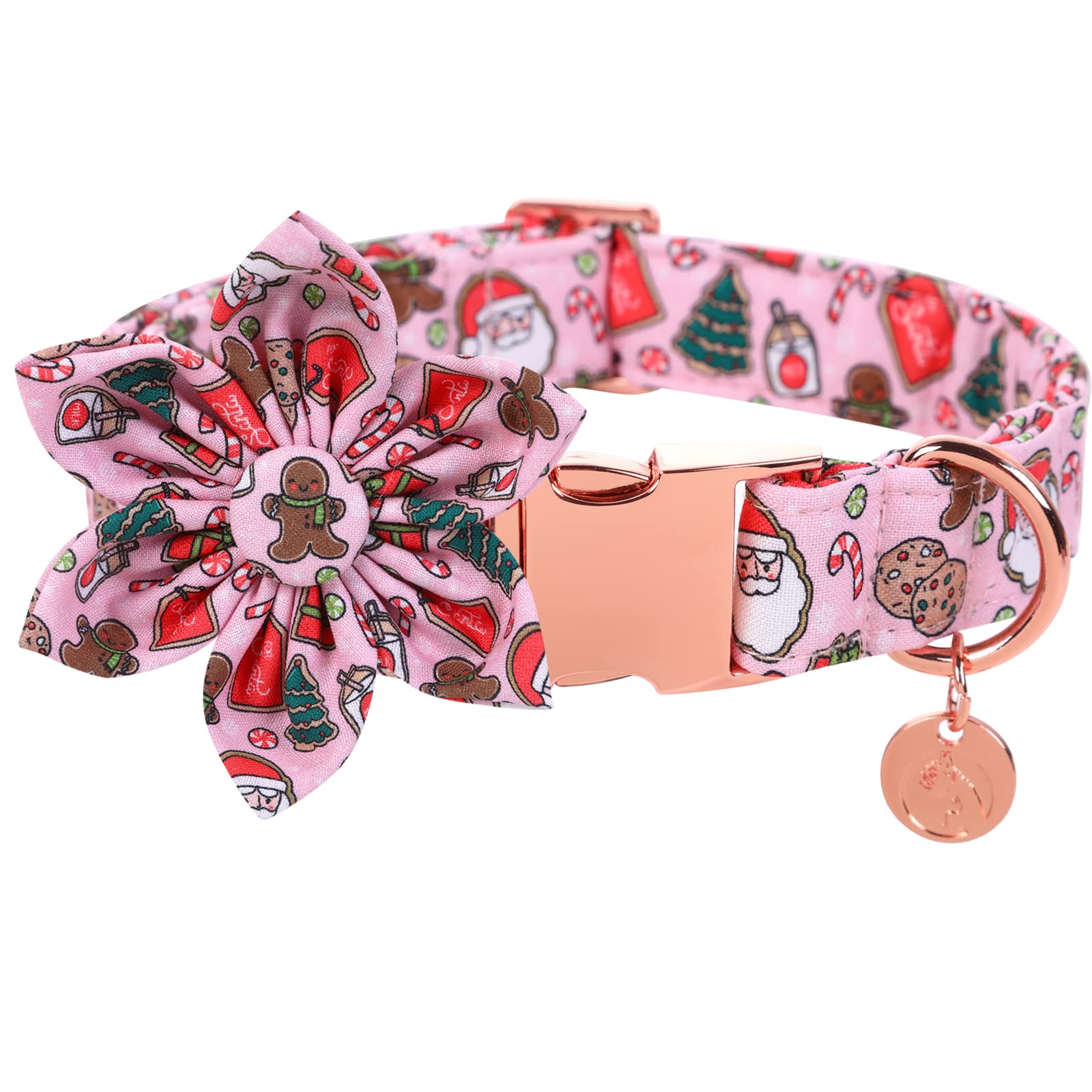 Dogwong Christmas Dog Collar With Flower, Pink Santa Claus Dog Collar Gingerbread Man Soft Durable Adjustable Cotton Cute Girl P
