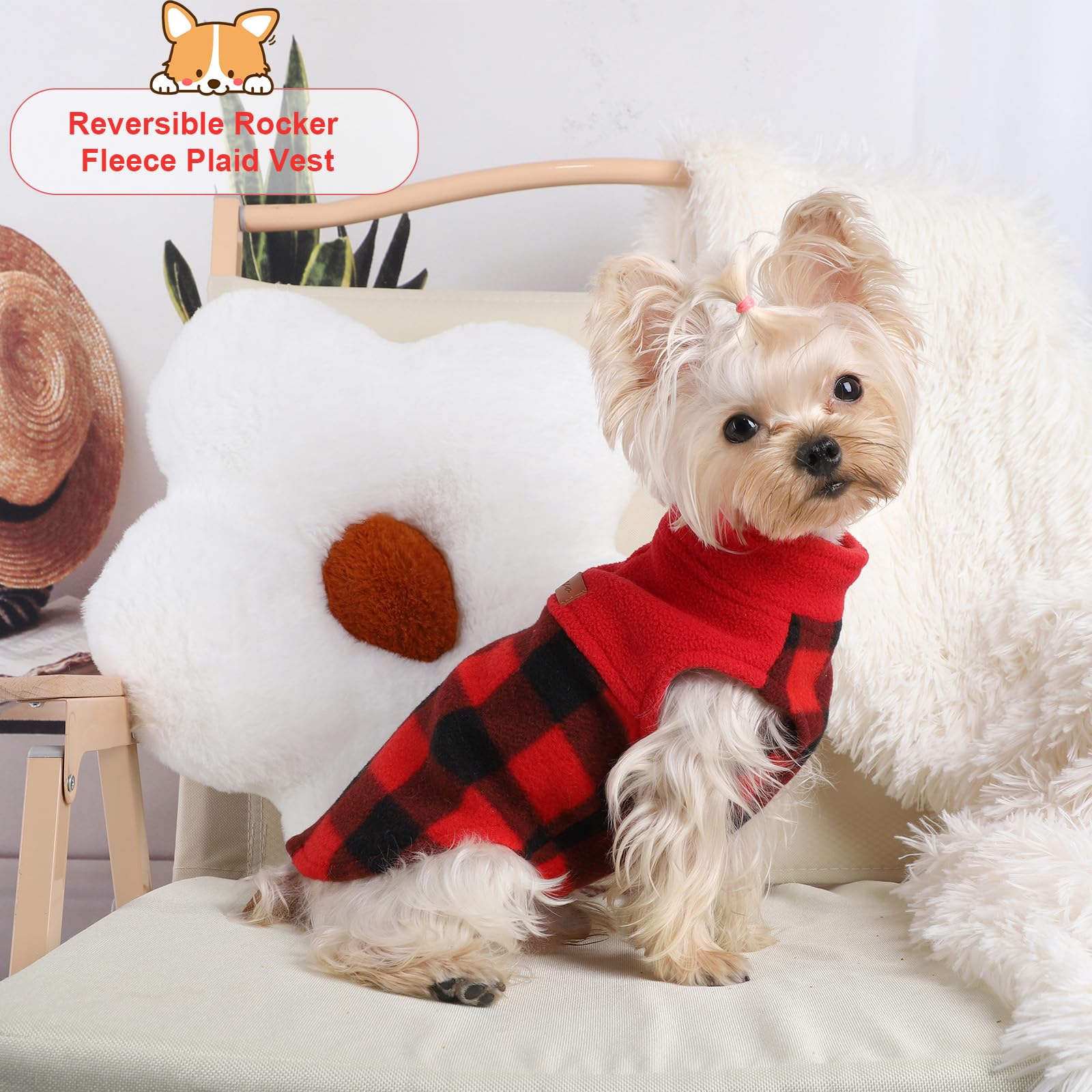 Dog Sweaters for Small Dogs Boy Girl, Plaid Dog Sweater Fleece New Year Dog Clothes Vest, Stretchy XSmall Dog Sweater Pet Clothe