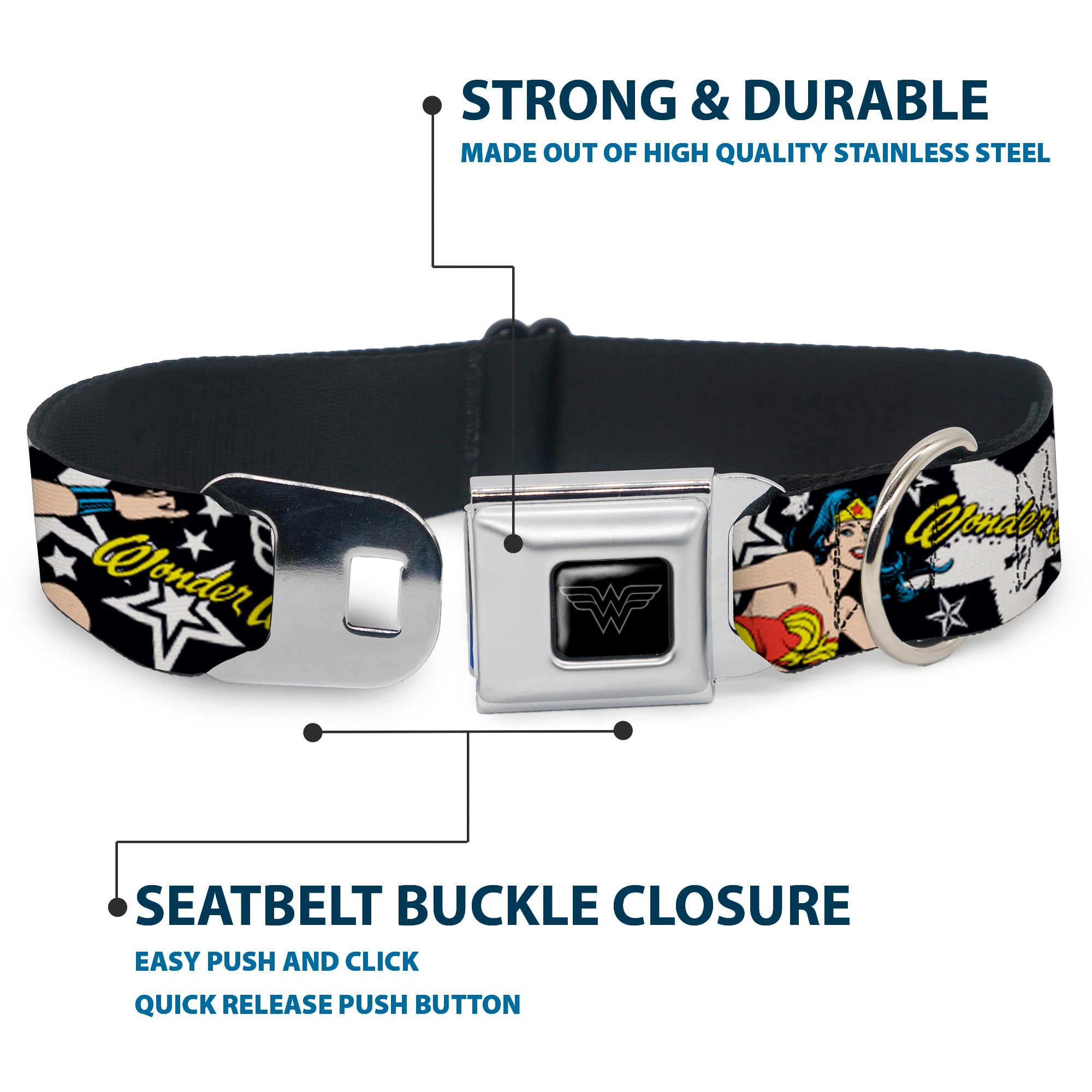 Buckle-Down Seatbelt Buckle Dog Collar - Wonder Woman/Stars Black/White - 1' Wide - Fits 9-15' Neck - Small