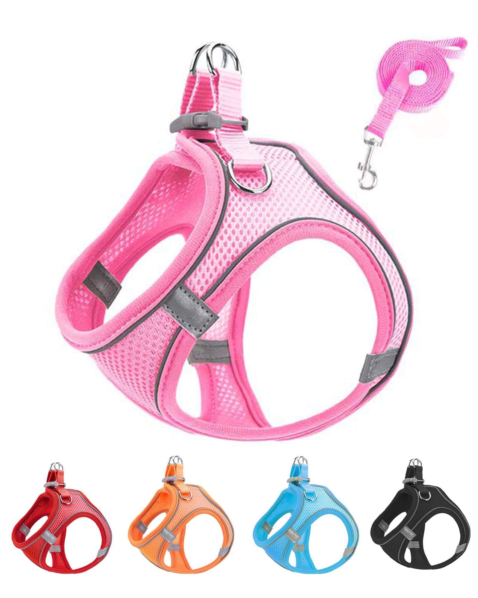 Jufoo Xxxs Pink Soft Mesh Dog Harness And Leash Set,No Escape Puppy Harnesses For Training Walking, Reflective Adjustable Puppy 