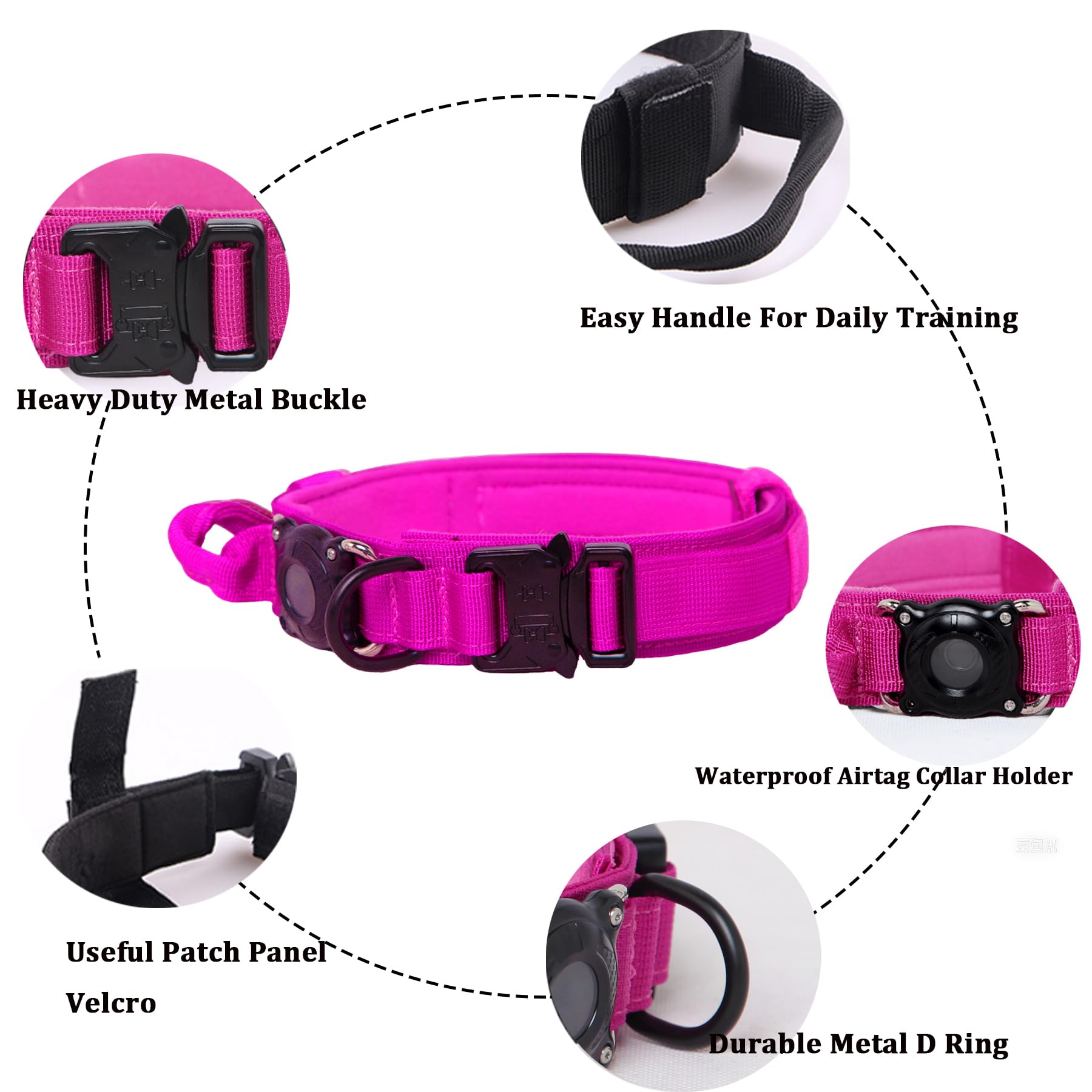 Tactical Dog Collar With Airtag Holder Waterproof Dog Airtag Collar With Control Handle (Rose Red