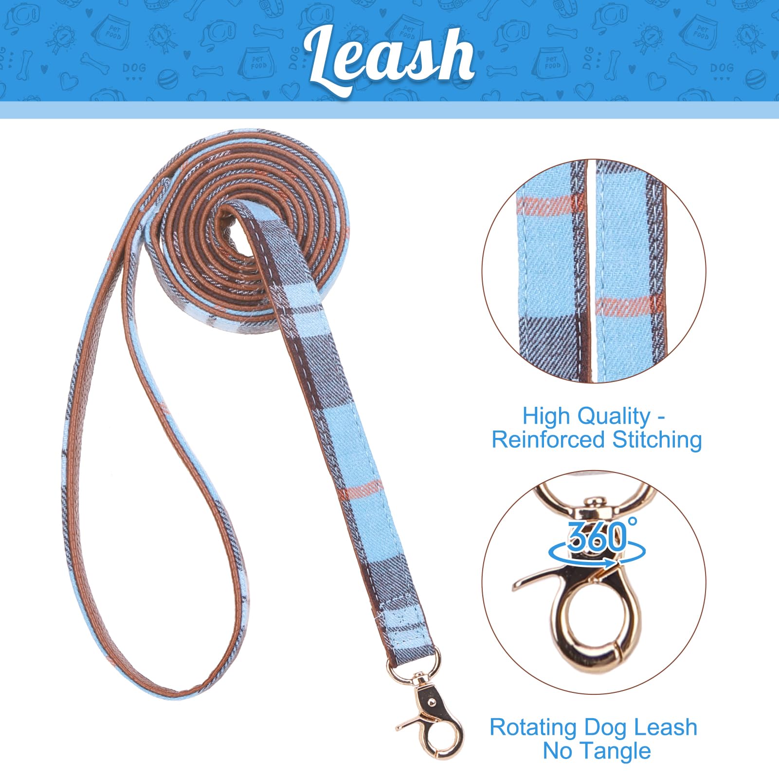 Expawlorer Dog Leash And Collar Set - Classic Plaid Medium Dog Collar With Bow Tie, 360 Swivel No Tangle Dog Leash, Adjustable D