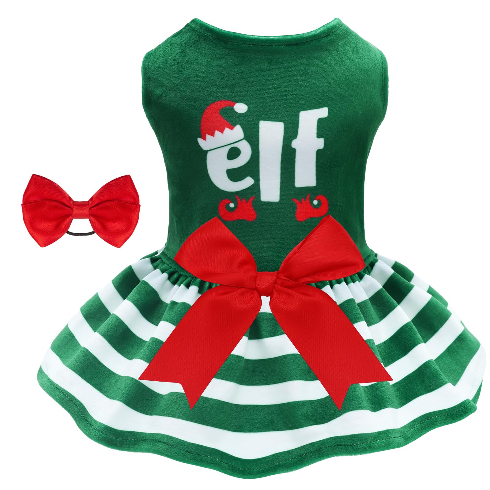 Cutebone Elf Dog Dresses Velvet Holiday Small Dogs Clothes Onesie Pet Apparel Girl Puppy Skirt With Bow Hair Rope Cva55L-D