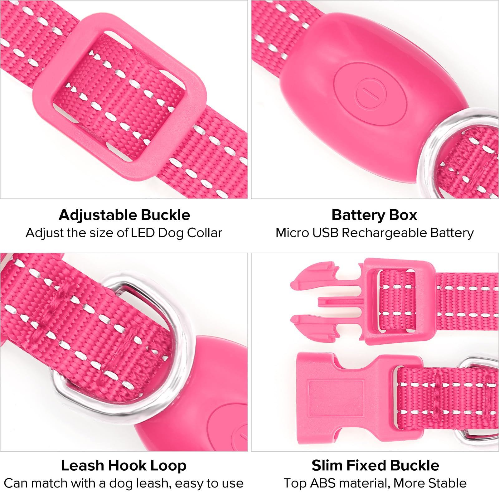 Bseen Led Dog Collar Light - Usb Rechargeable Glow In The Dark Puppy Collar, Light Up Dog Collars For Small Dogs, Safety Dog Lights For Night Walking (Pink, Xs)