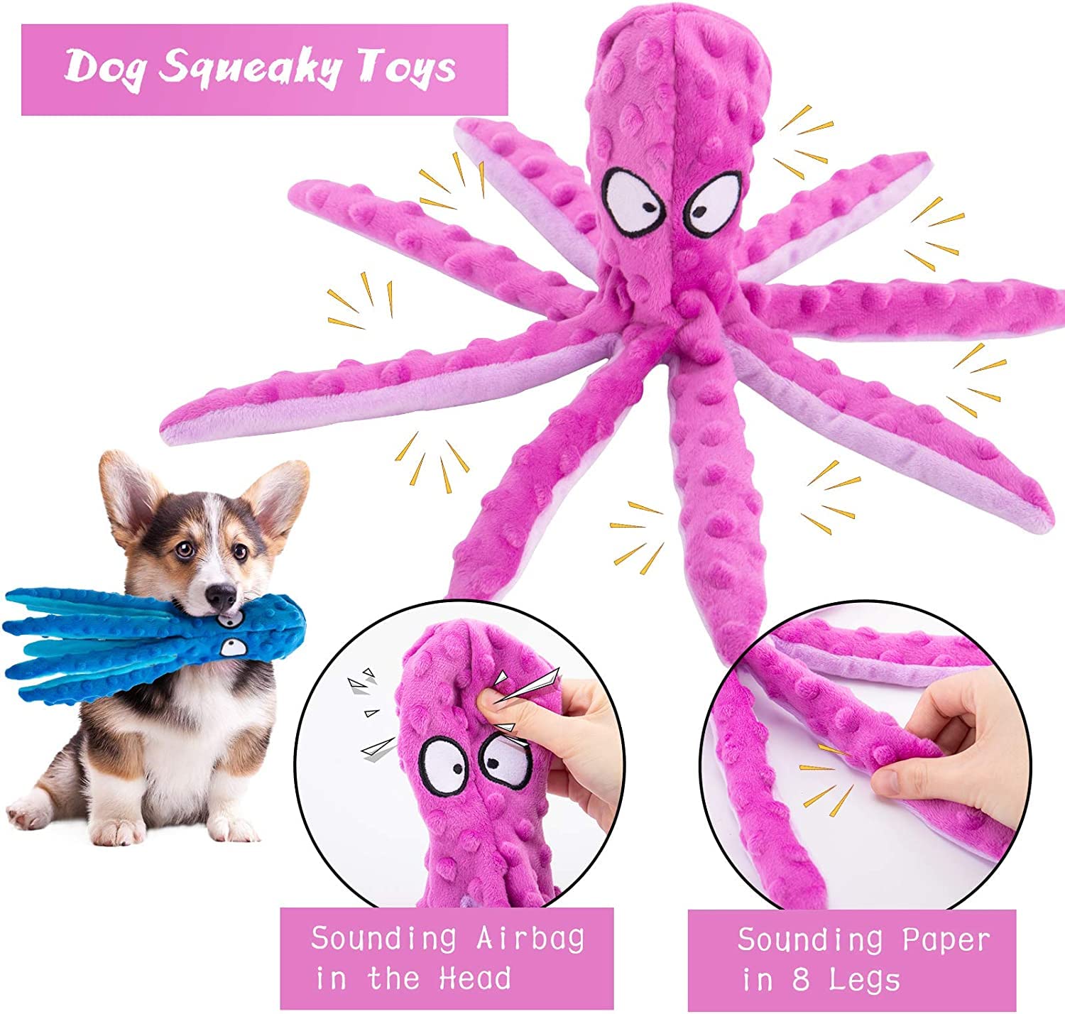 Alphatool Squeaky Dog Toys, Octopus Dog Toys For Aggressive Chewers, Tough No Stuffing Plush Dog Toys For Large Dogs, Crinkle Interactive Puppy Dog Toys For Small Medium Dogs(3Pcs)