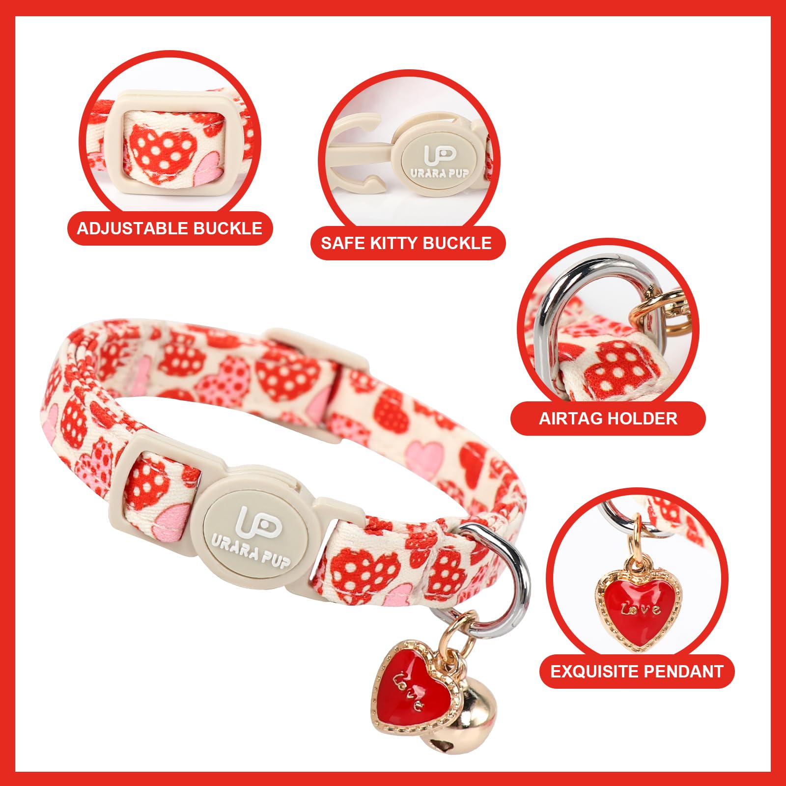 Up Urara Pup Cat Collar, 2Pack Valentine'S Day Cat Collars-Cute Breakaway Cat Collar With Bell & Pendant, Sweet Heart Kitten Col