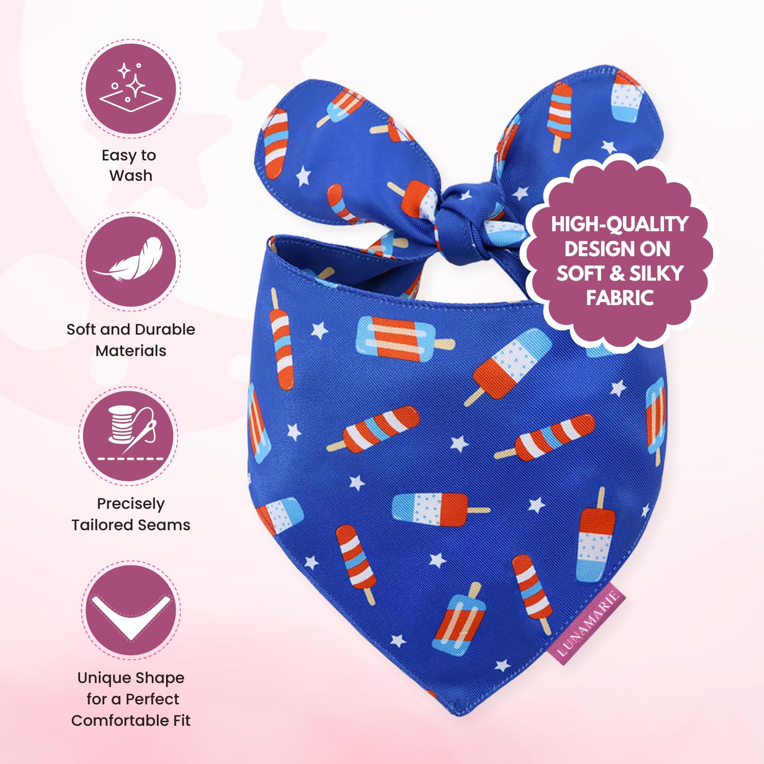LunaMarie - 4th of July Summer Popsicle Ice Cream Pet Bandana | Luxury Dog Bandanas for Small Medium Large Dogs, Fourth of July,