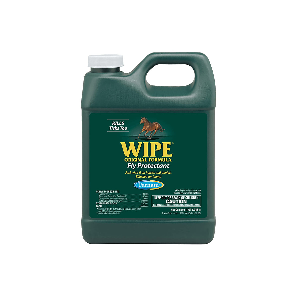 Farnam Wipe Original Formula Fly And Tick Protectant For Horses, Ready-To-Use Formula, 32 Fluid Ounces, One Quart Container