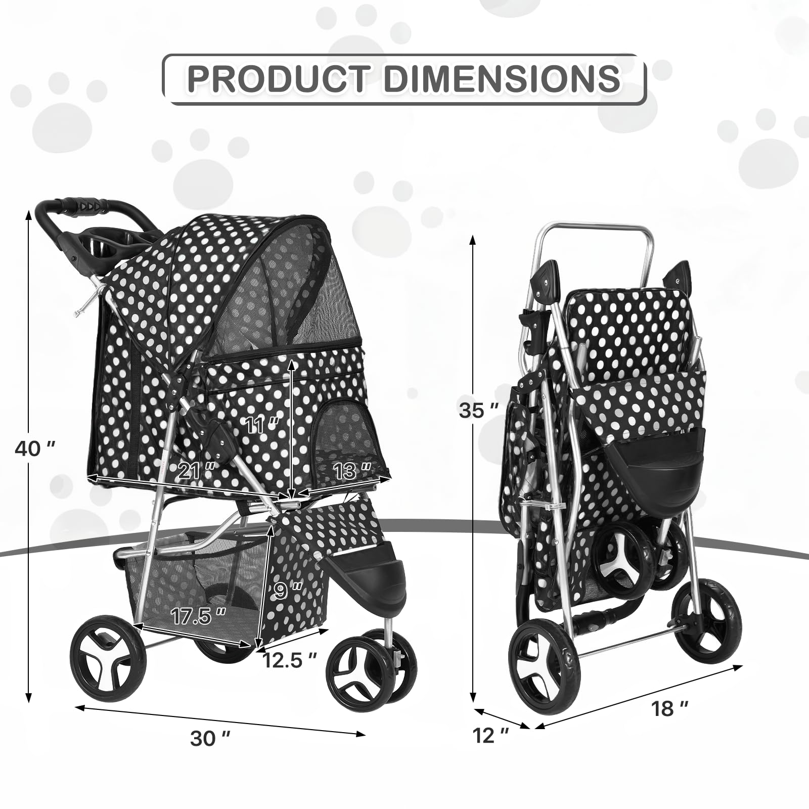Monibloom 3 Wheels Pet Dog Cat Stroller For Small Medium Dogs Cats, Foldable Jogger Stroller W/Storage Basket And Cup Holder, Black Polka Dots