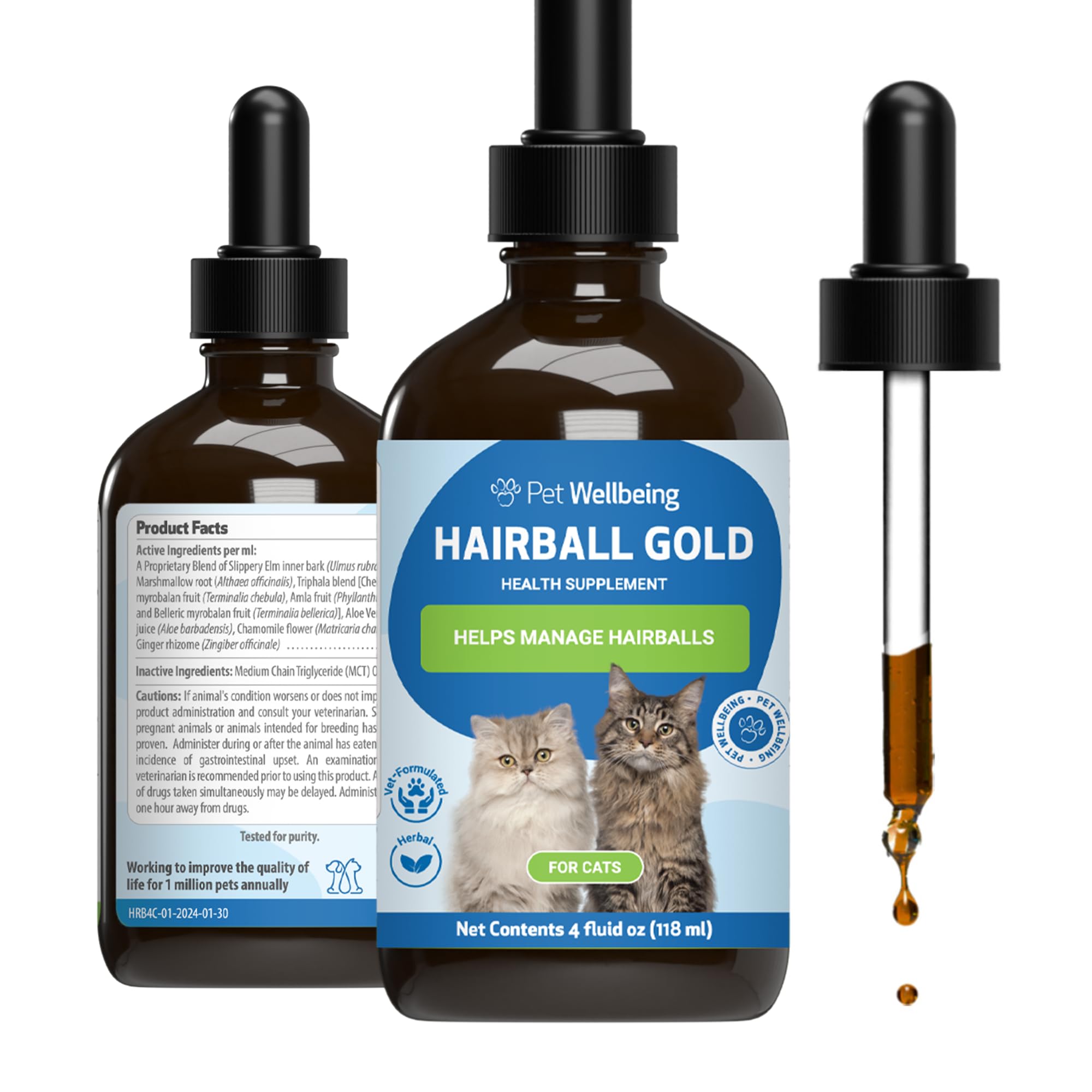 Pet Wellbeing Hairball Gold for Cats - Holistic Hairball and Digestive Care, Normal Elimination, Slippery Elm, MCT Oil, No Miner