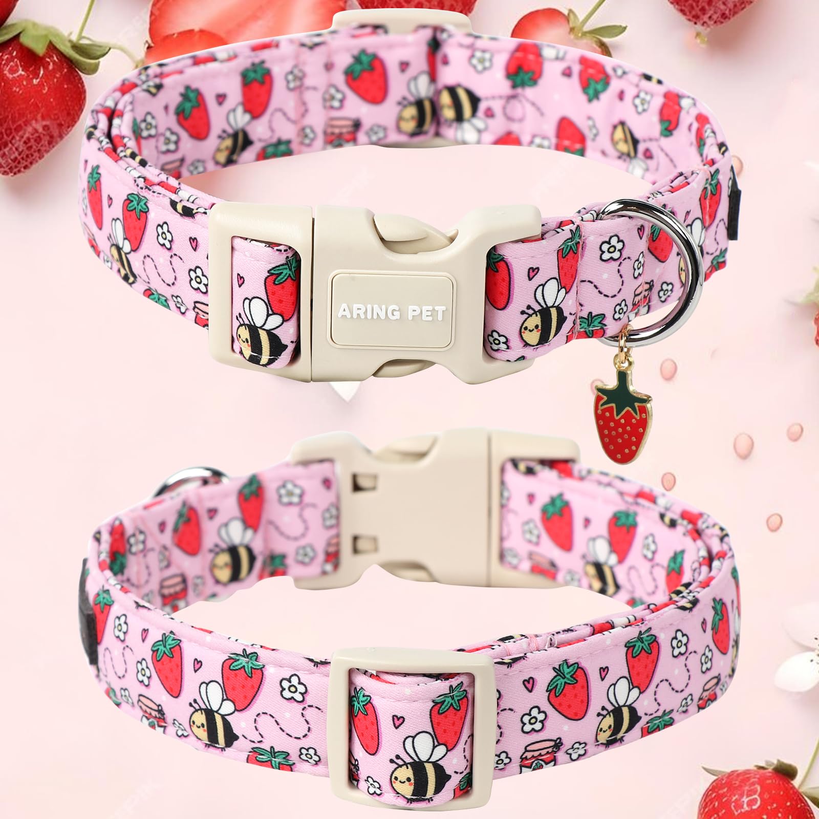 Aring Pet Summer Dog Collar-Cute Pink Dog Collar For Small Dogs, Adjustable Strawberry Bees Print Pet Collars Puppy Collar For S