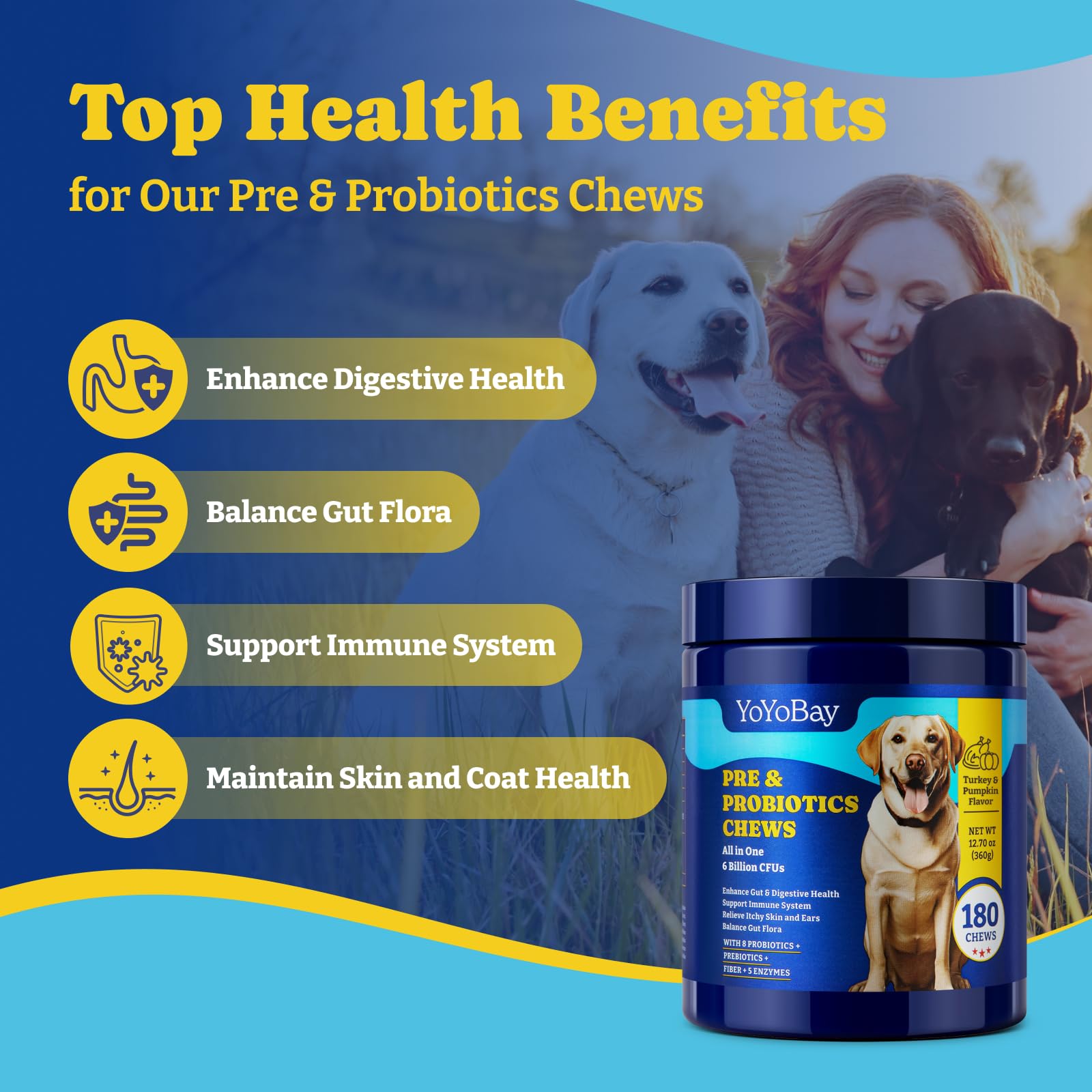 YoYoBay Probiotics for Dogs - 6 Billion CFUs, Dog Probiotics with Prebiotics & Digestive Enzymes for Gut, Immune & Skin Health -