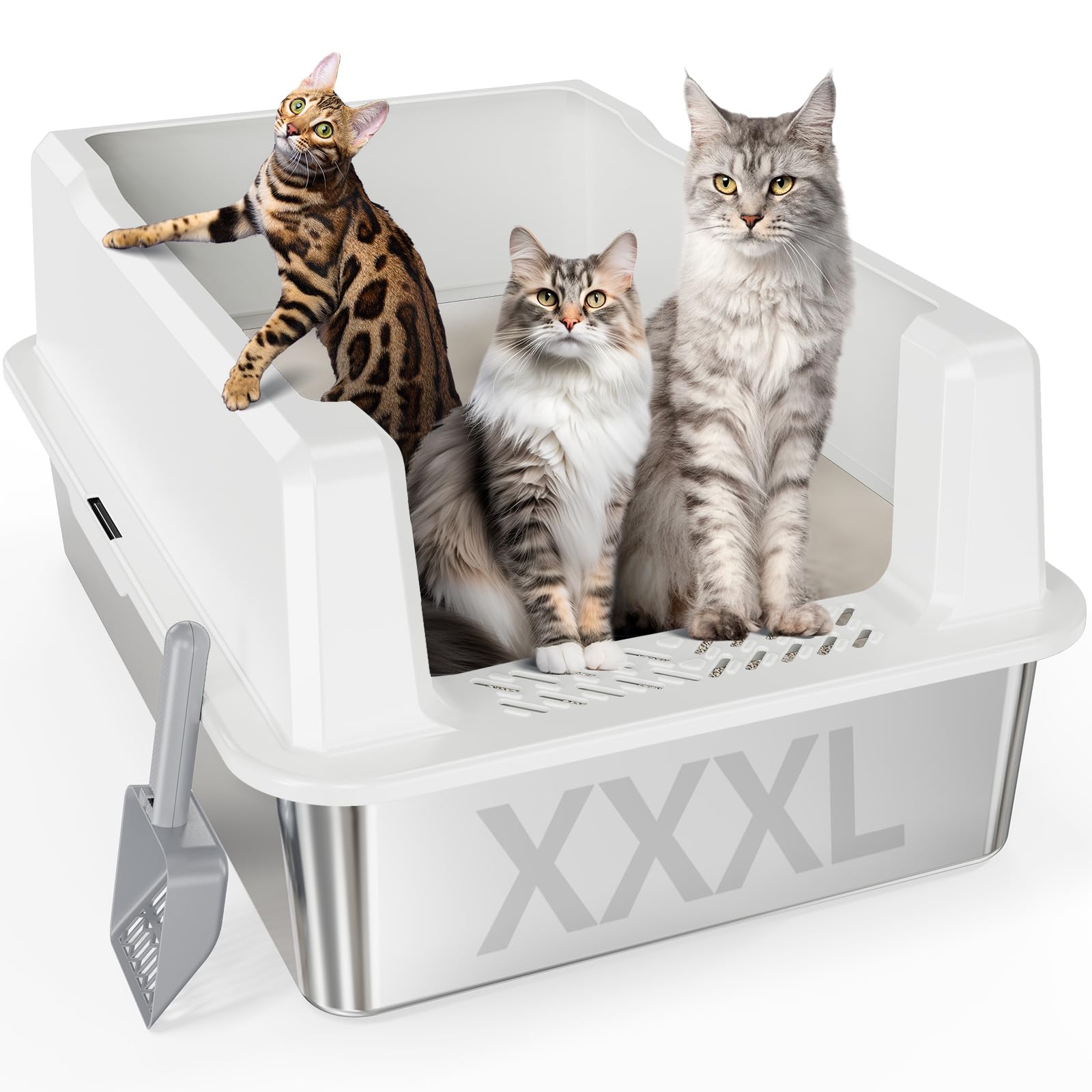 Xxl Stainless Steel Cat Litter Box With High Sided, 26'' L X 18'' W X 12'' H Extra Large Litter Box For Big Cats And Multiple Ca