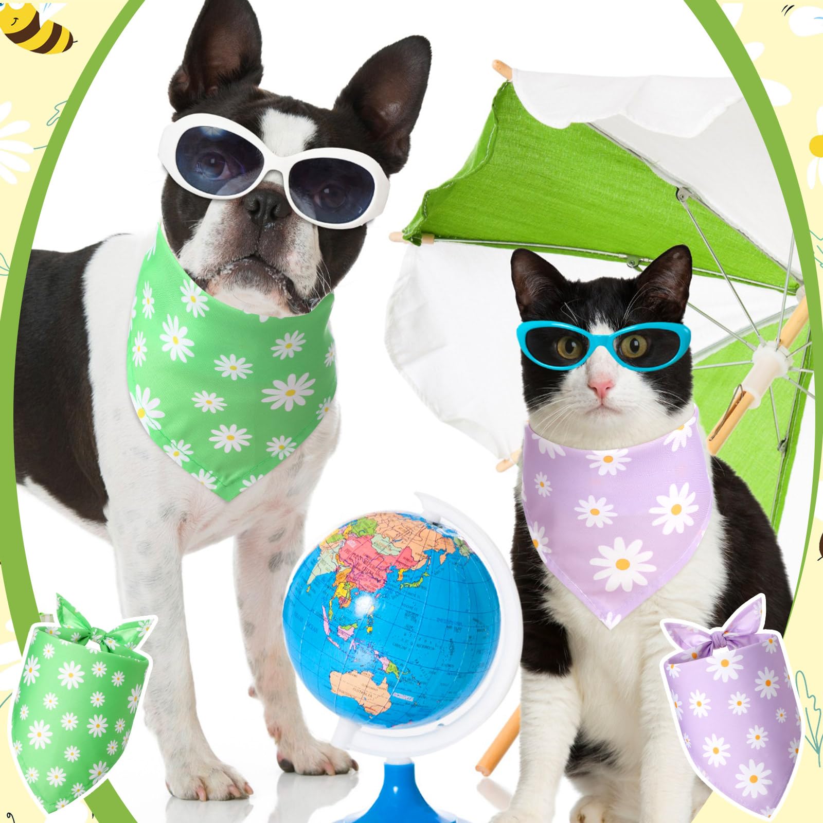 Weewooday 12 Pieces Daisy Dog Bandanas Flower Floral Green and Purple Bandanas for Dogs Triangle Handkerchief Scarf for Small Me