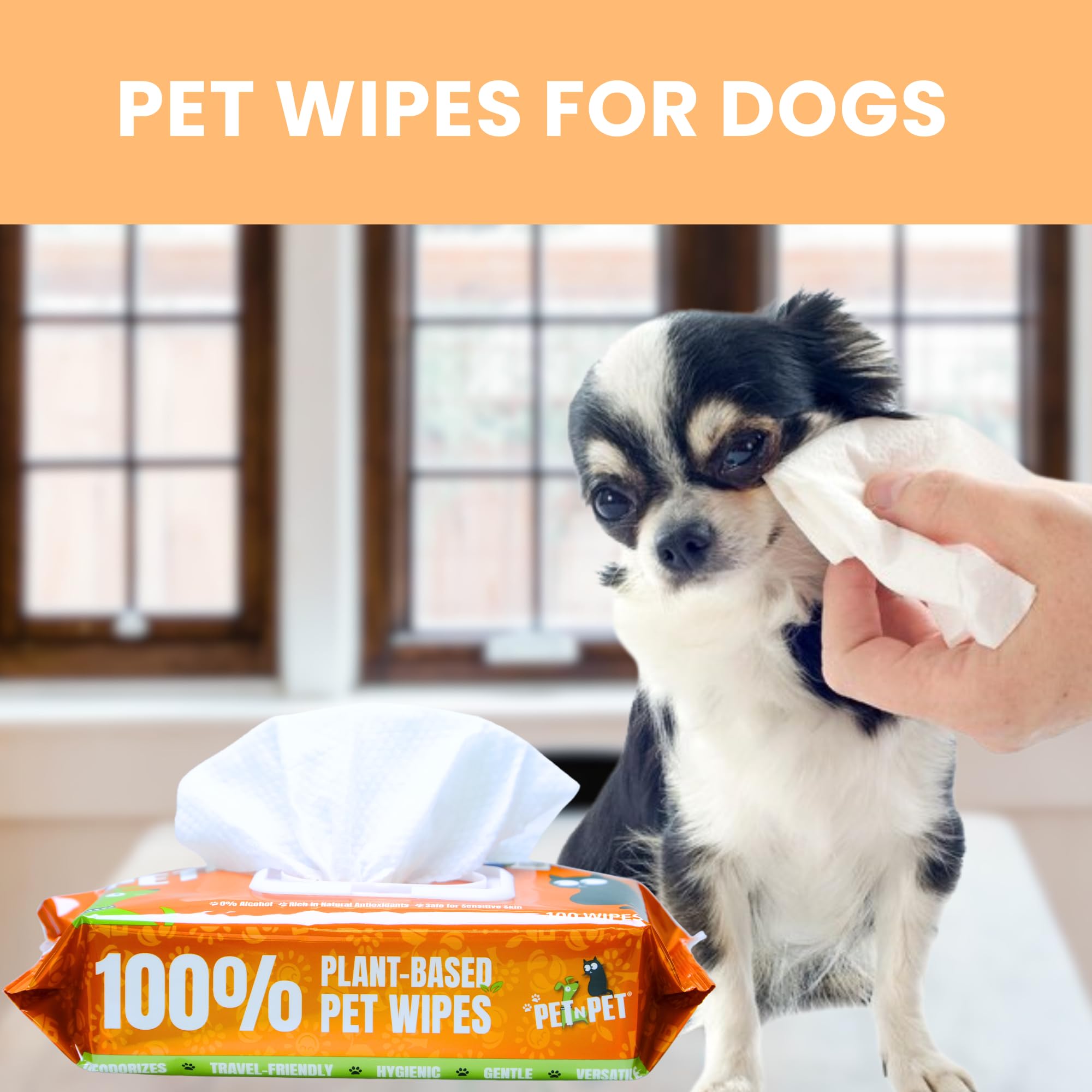 Pet N Pet 100% Plant Based Dog Wipes For Paws And Butt, 100 Counts Hypoallergenic Unscented Dog Pet Wipes, 8' X 8'