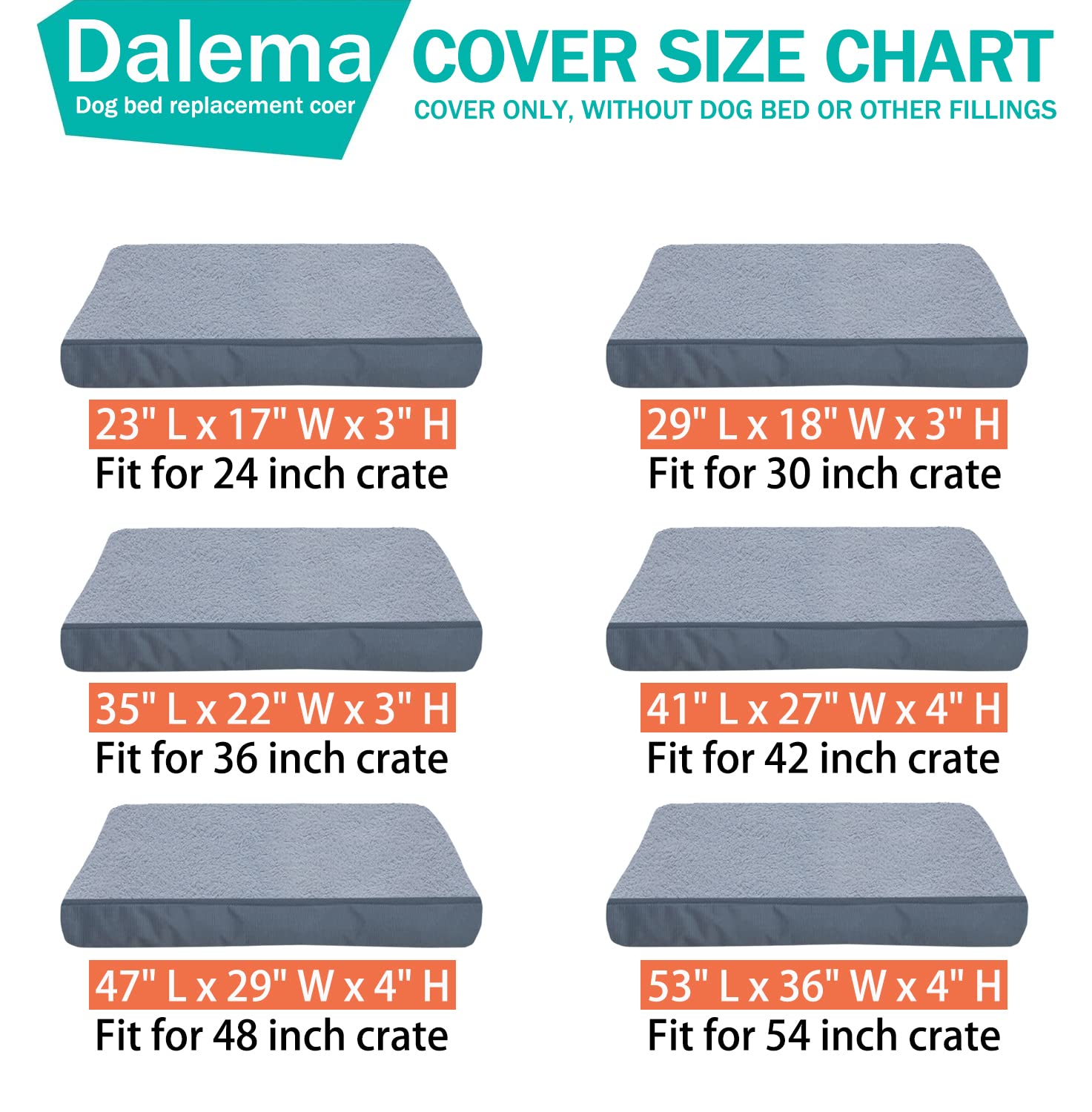 Dalema Dog Bed Cover, Waterproof Plush Replacement, 44"x32"x4", Grey, Heavy Duty Oxford Fabric, Washable with Zipper