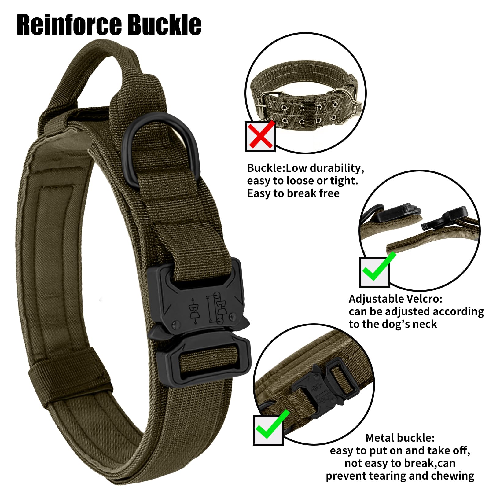 Tactical Military Dog Collar - Adjustable Heavy Duty Metal Buckle Nylon Collar With Control Handle For Small To Large Dogs (Gree