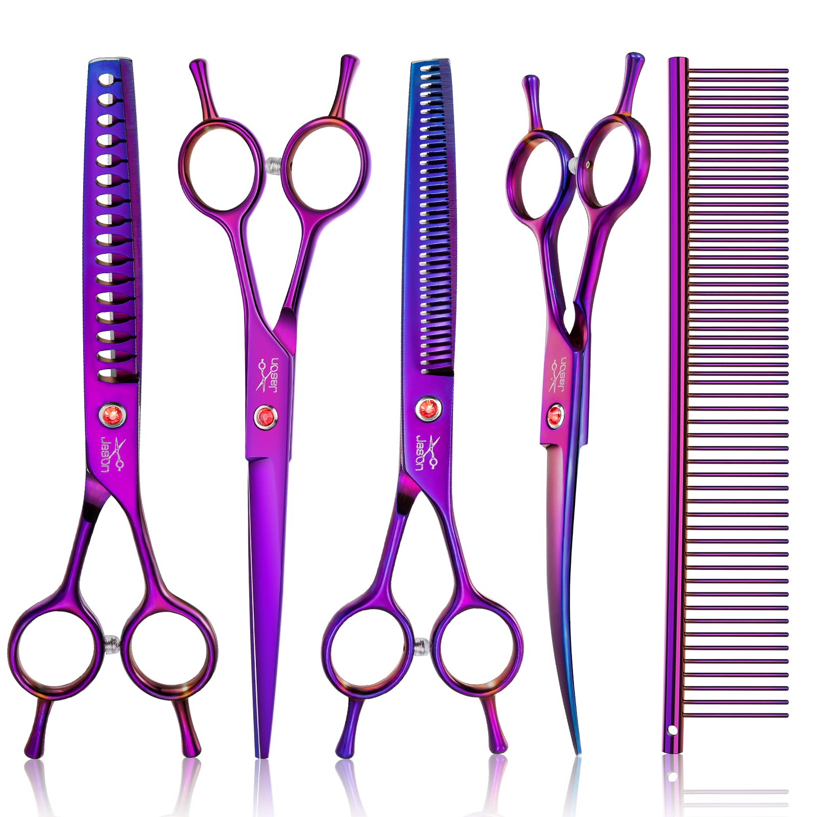 JASON Dog Grooming Scissors Kit, Professional 6 in 1 Dog Scissors Sharp Shears Set - Straight, Thinning, Chunker, Curved Shears 
