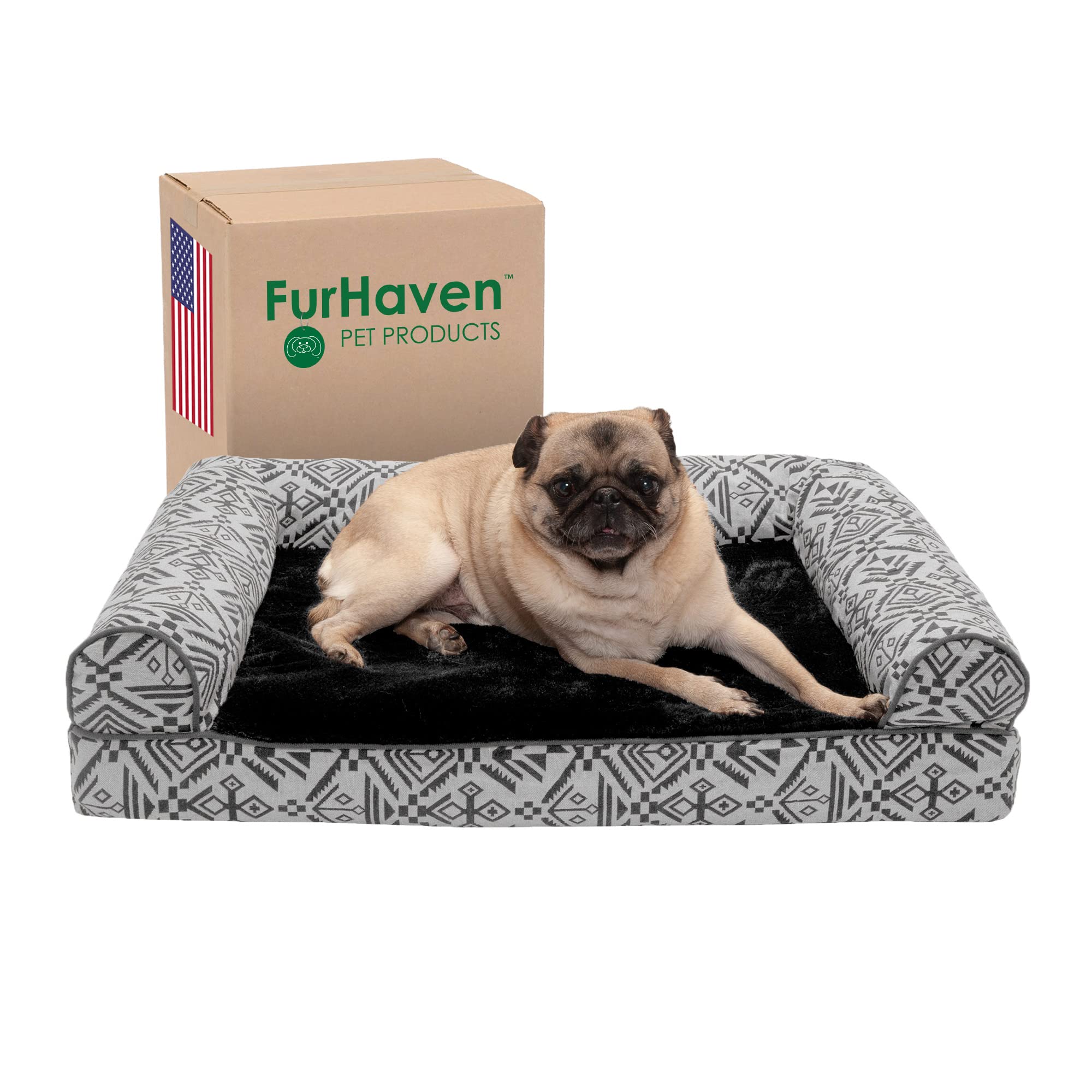 Furhaven Orthopedic Dog Bed For Medium/Small Dogs W/ Removable Bolsters & Washable Cover, For Dogs Up To 35 Lbs - Plush & Southwest Kilim Woven Decor Sofa - Boulder Gray, Medium