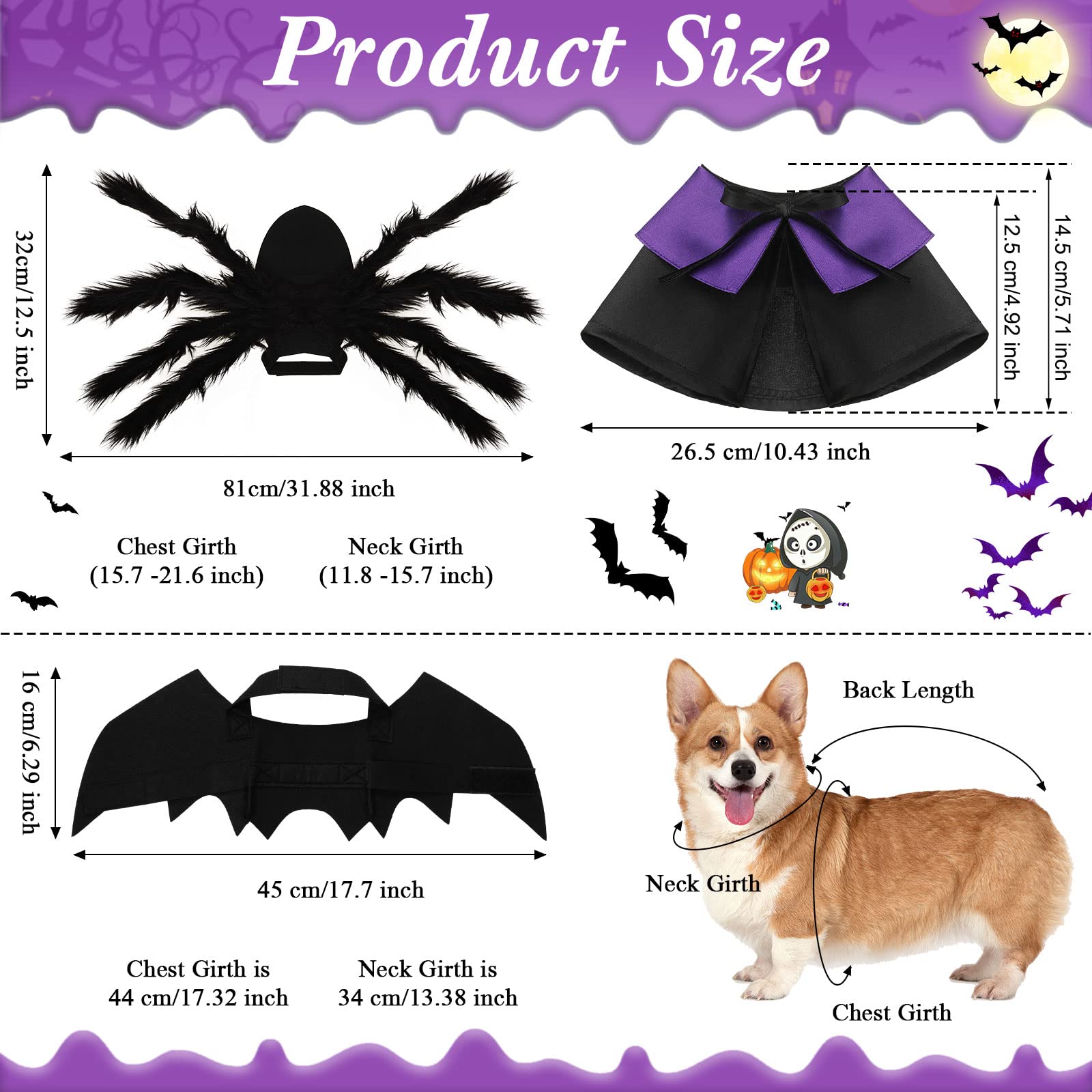 3 Piece Halloween Cat Dog Costume Set, Pet Bat Witch Vampire Pumpkin Cloak Giant Imitation Pet Spider Pets Costume Cosplay Accessories Halloween Pets Decoration For Dogs Puppy Cats (Cool,M)