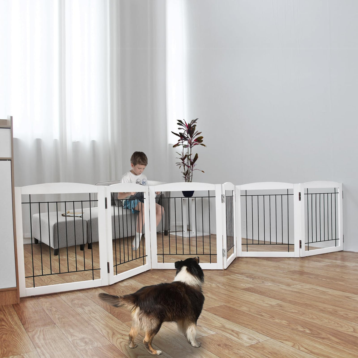 Zjsf Freestanding Foldable Dog Gate Wooden Extra Wide White Puppy Gate 6 Panels Tall Pet Gate Dog Gates For The House Dog Fence