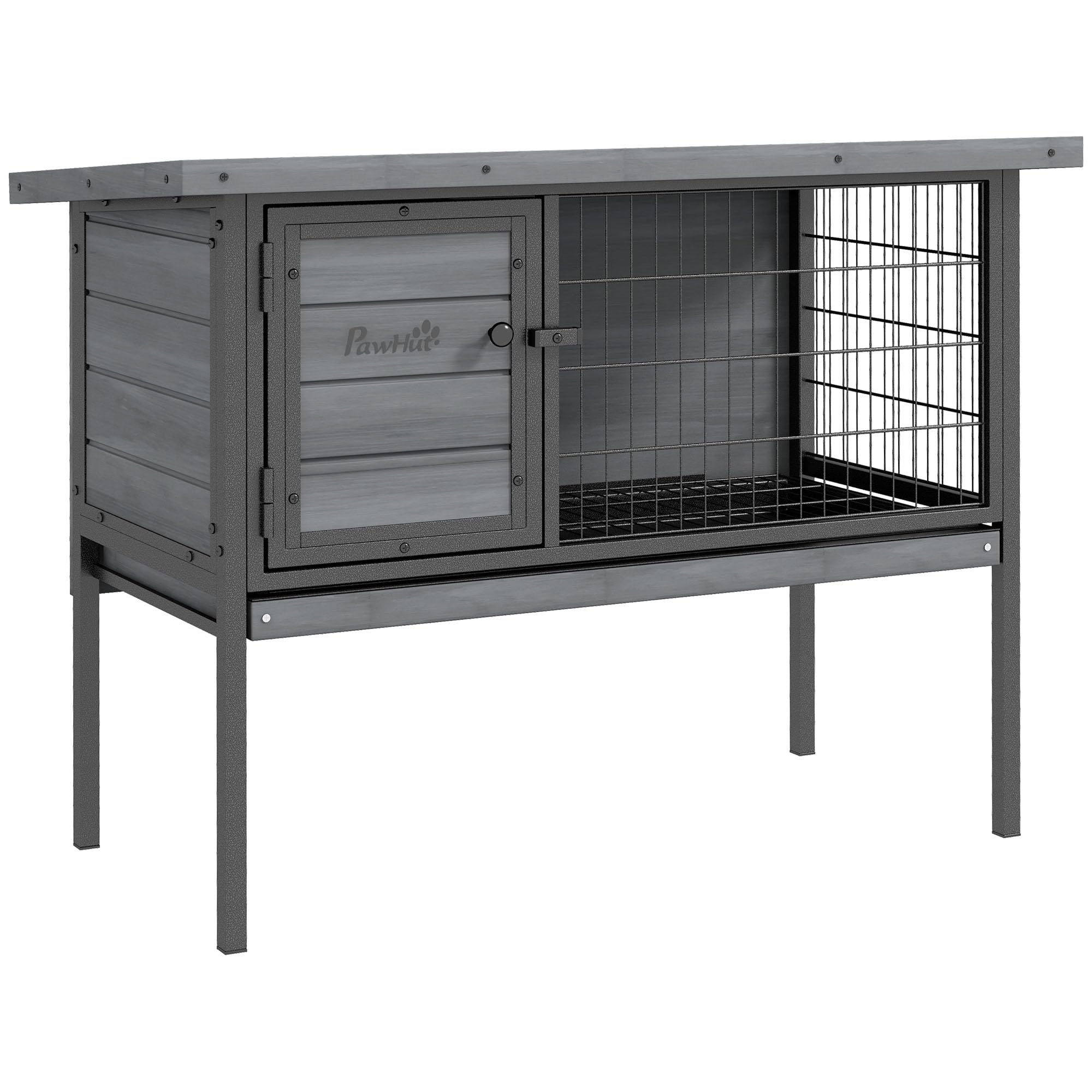 Pawhut Rabbit Hutch Elevated Bunny Cage Small Animal Habitat With Metal Frame, No Leak Tray, Metal Wire Pan And Openable Water-R