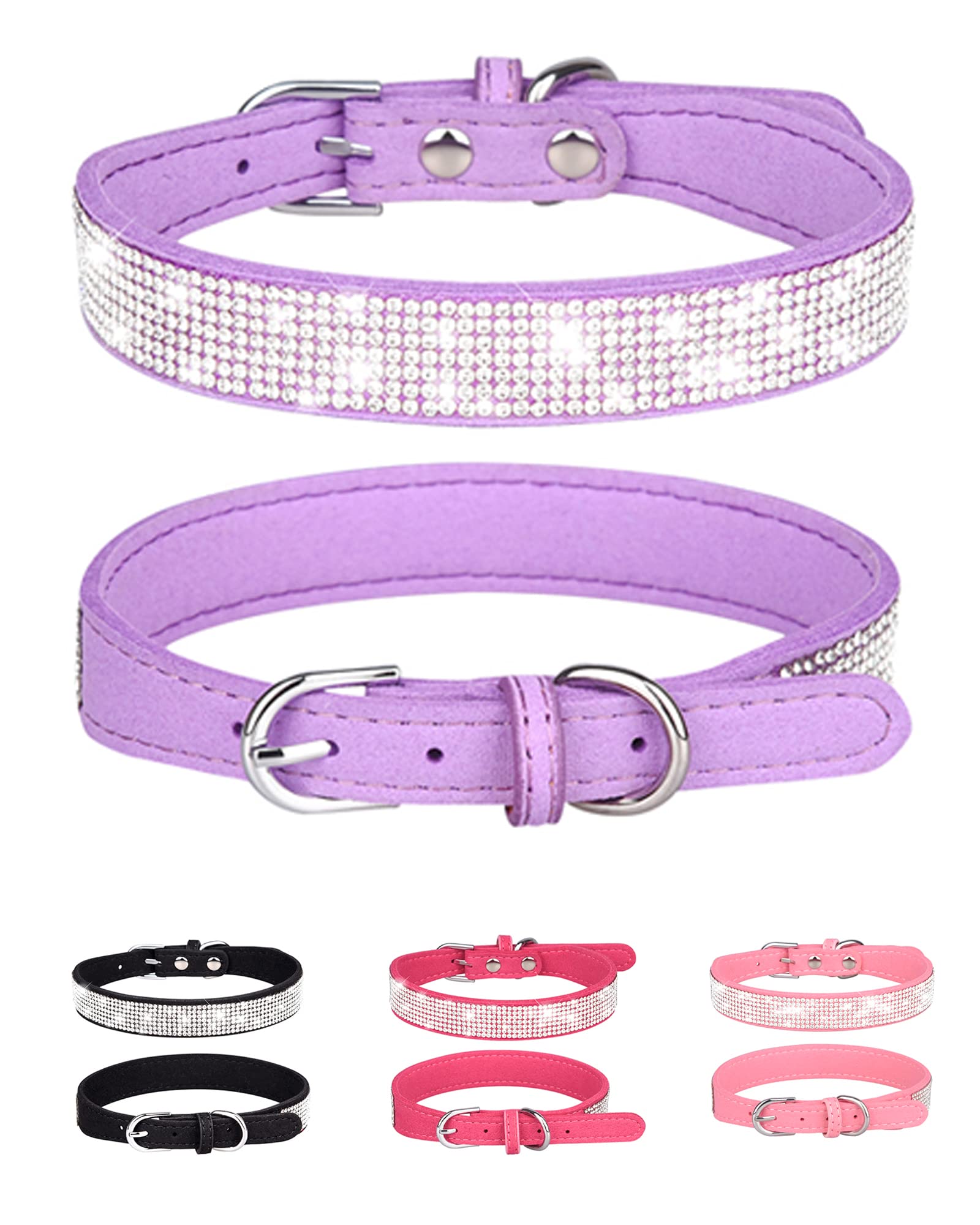Dog Collar For Large Dogs, Adjustable Leather Suede Bling Dog Collars,Purple Dog Collar Cat Collar, Rhinestone Dog Collar(L, Pur