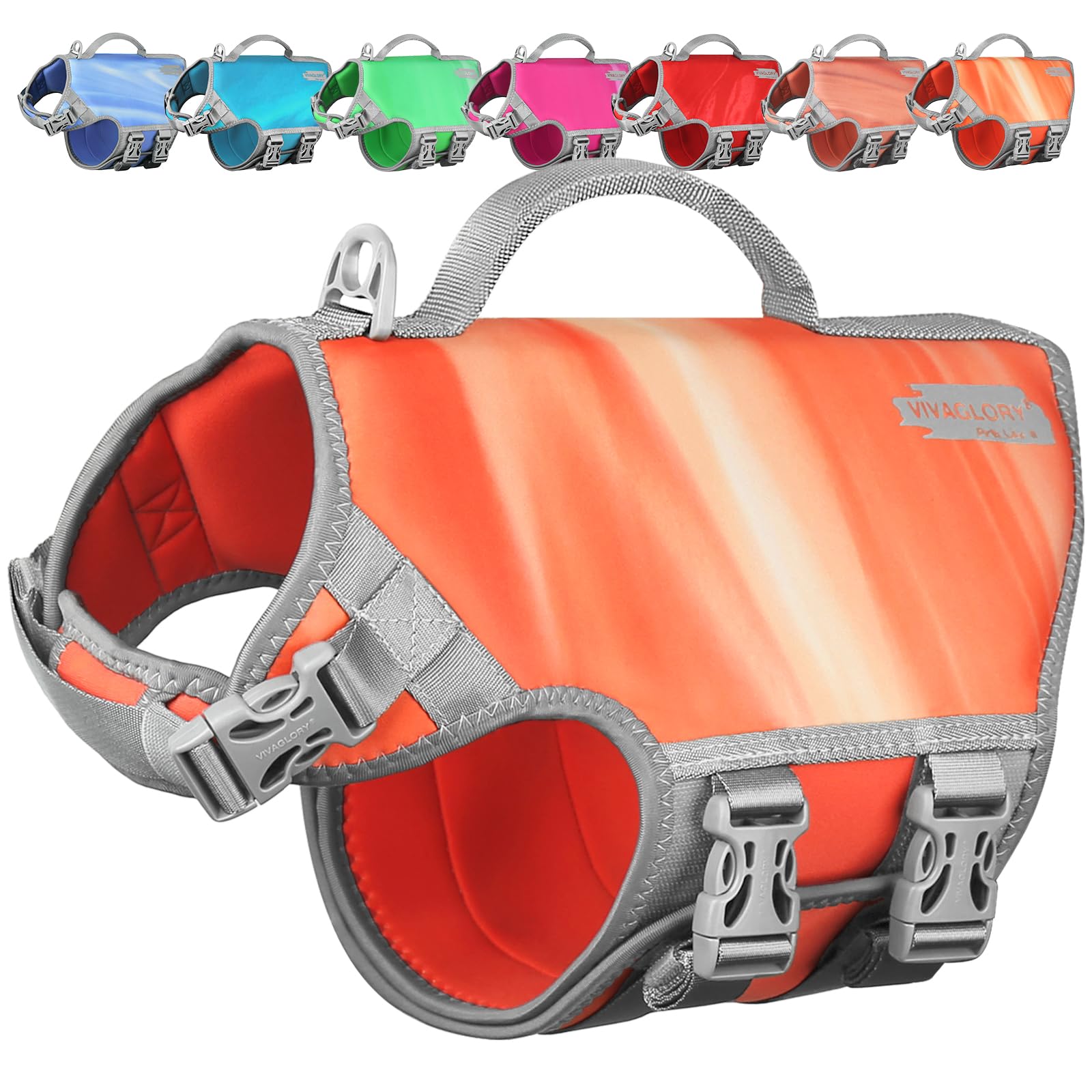 Vivaglory Neoprene Dog Life Jacket Dog Water Vest For Boating Hunting & Swimming, Lightweight With Leash Ring, L, Orange Sunset