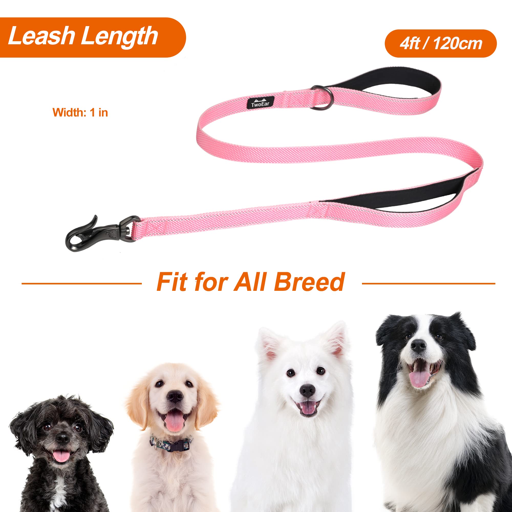 Twoear 4Ft 1In Strong Pink Dog Leash With 3 Padded Handles, Traffic Handle Extra Control, Comfortable Soft Dual Handle, Auto Lock Hook, Reflective Walking Lead For Small Medium And Large Dogs
