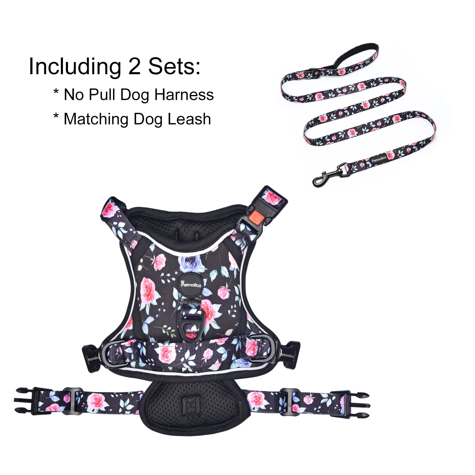 Petmolico No Pull Dog Harness And Leash Set, No Choke 4 Leash Attchments Easy Control Handle Soft Padded Reflective Vest Dog Har
