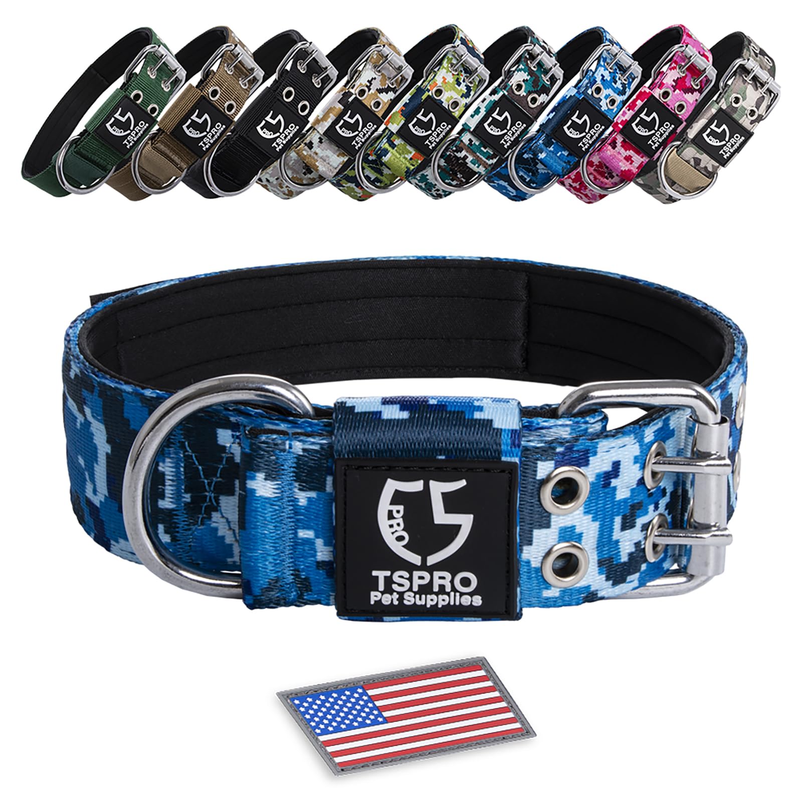 Tspro Camo Dog Collar Tactical Dog Collar Military Dog Collar Working K9 Dog Collar With Metal Buckle And Usa Flag Patch For Medium Large Dogs(Camo Blue-M)