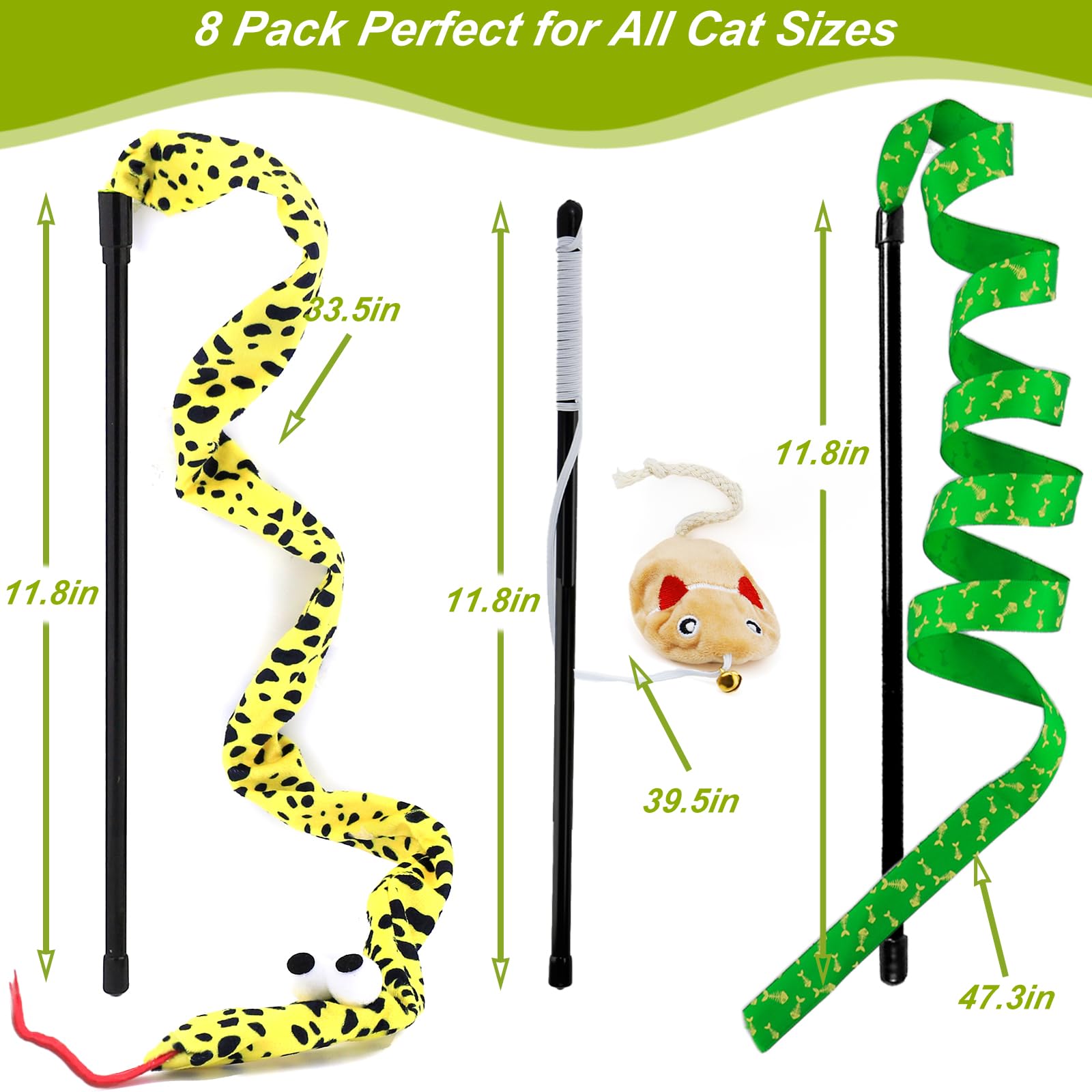 URMYONLY Interactive Cat Toy Wand with Catnip Mouse, Cat Teaser Wand Rainbow String for Bored Indoor Adult Cats and Kittens (8 P