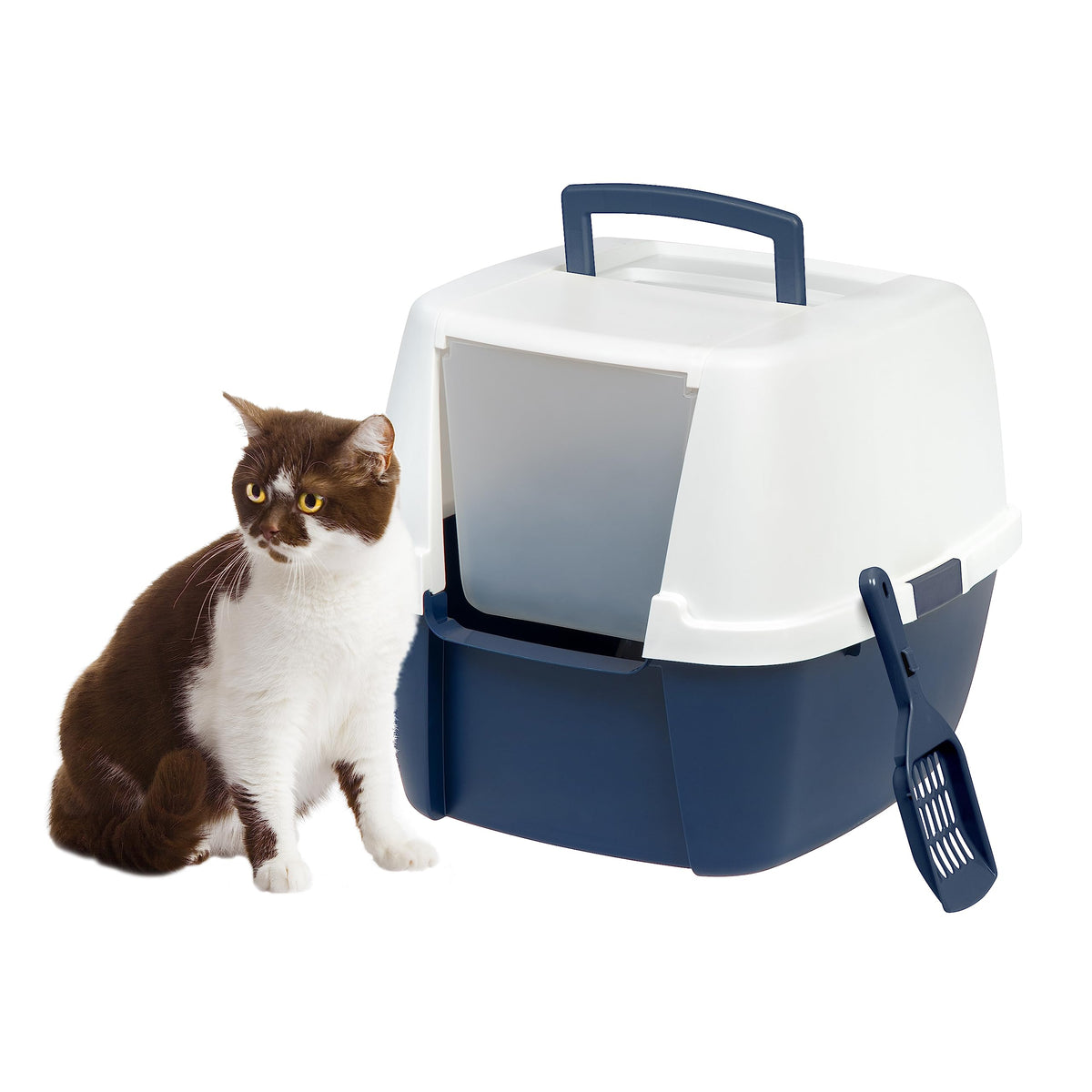 Iris Usa Cat Litter Box, Large Litter Box Enclosure With Front Door Flap And Scoop, Covered Kitty Litter Box With Handle And Buckles For Portability And Privacy, Navy/White