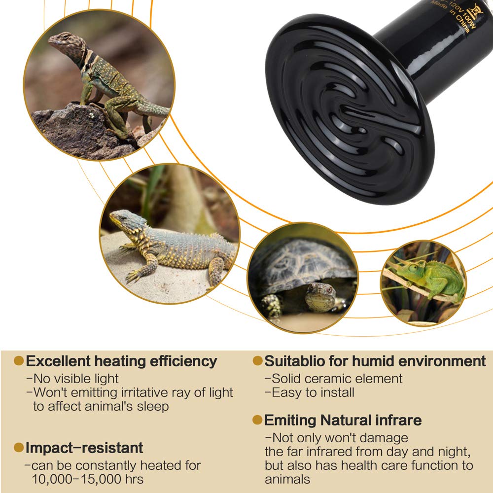 Boeespat 150W 3 Pack Ceramic Heat Emitter Bulb, Reptile Heat Lamp Brooder Coop Pet No Light No Harm For Pets Amphibians Hamsters Snakes Birds Poultry Chicken Coop Habitats (Black)