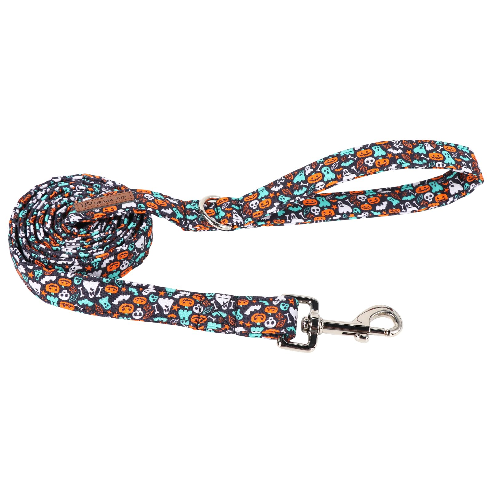 Up Urara Pup Dog Leash & Collar Set, Sturdy Durable Cotton, Halloween Pattern, Pumpkin Color, Fits Small To Large Dogs
