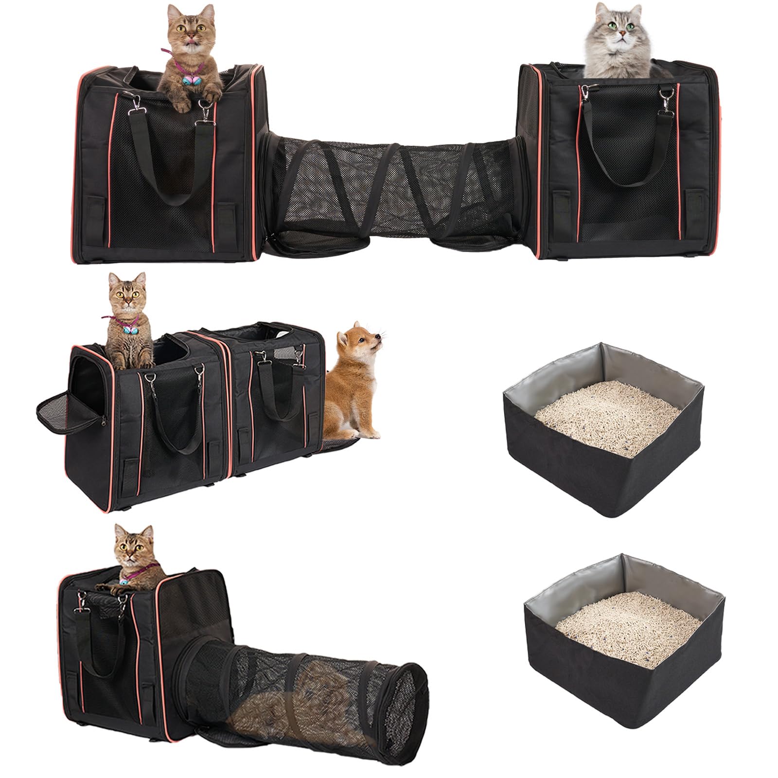 Expandable Cat Carrier With 2 Litter Box For 2 Cats, 32X17X12In Double Cat Car Travel Carriers For Cat And Dog Up To 40Lbs, Soft