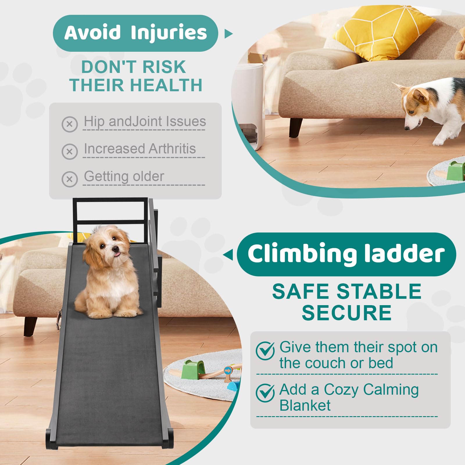 Dog Ramp For Bed, Adjustable Pet Ramps For Dog To Get On Bed, Non-Slip Rubber Surface - Folding Wooden Dog Ramp For Small/Large/