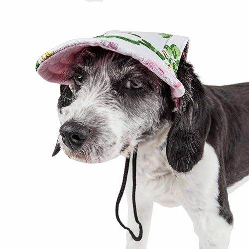Pet Life ® 'Botanic Bark' Floral Patterned Dog Hat With Uv Coverage Protection - Provides More Shade Than A Dog Banadana - Features Ear Holes And Adjustable Jaw-Strings For Quick Slip-On Access