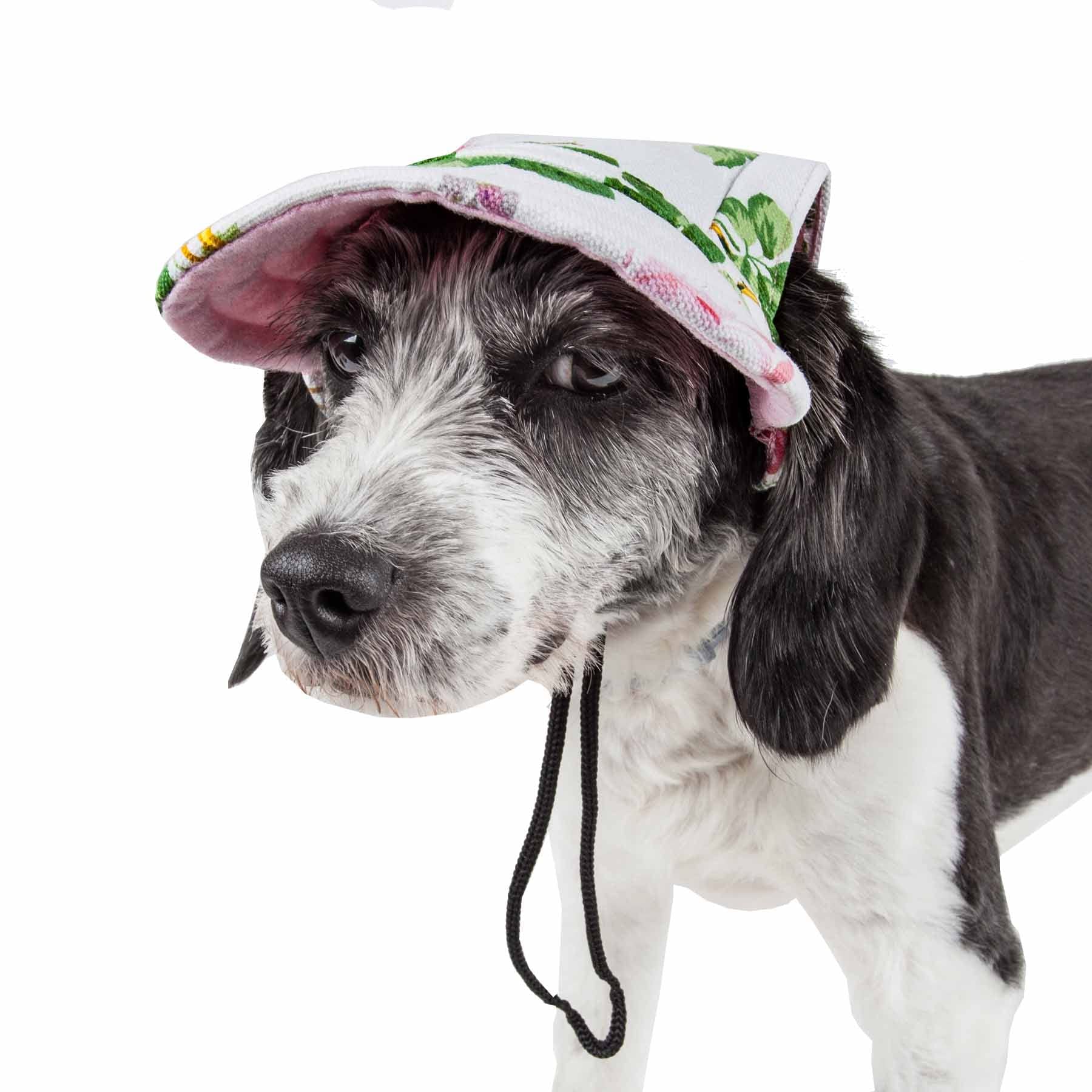 Pet Life ® 'Botanic Bark' Floral Patterned Dog Hat With Uv Coverage Protection - Provides More Shade Than A Dog Banadana - Features Ear Holes And Adjustable Jaw-Strings For Quick Slip-On Access