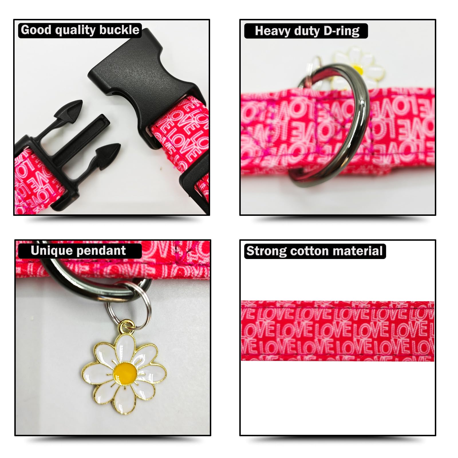 Flower Patterns Dog Collar With Accessories, Soft Cotton Dog Collars For Small Medium Large Female And Male Dogs(Love M)